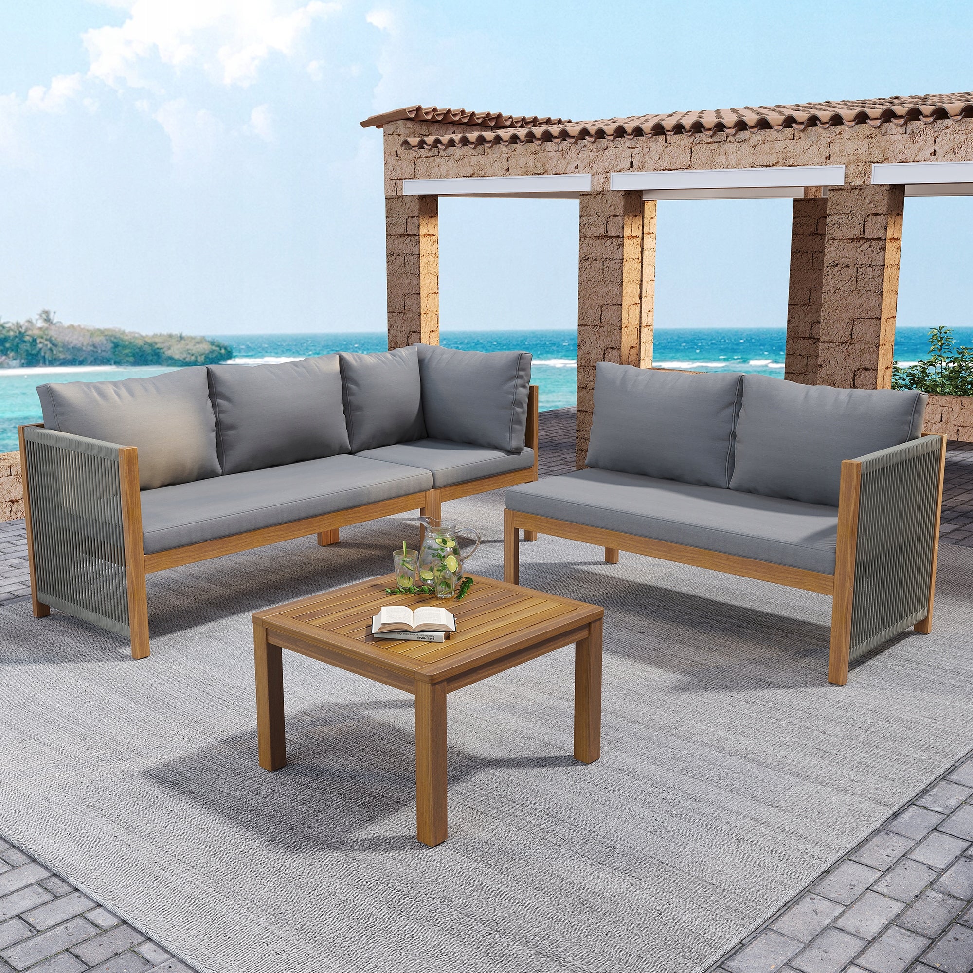 Garden Furniture Sets Corner Sofa + Coffee Table Acacia Braided Rope Main material rattan