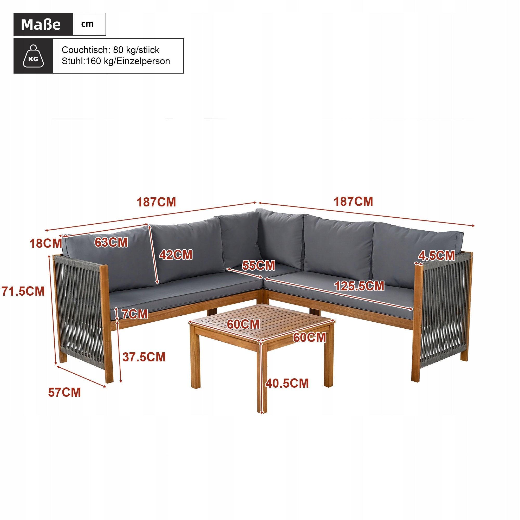 Garden Furniture Sets Corner Sofa + Coffee Table Acacia Braided Rope Packaging status original