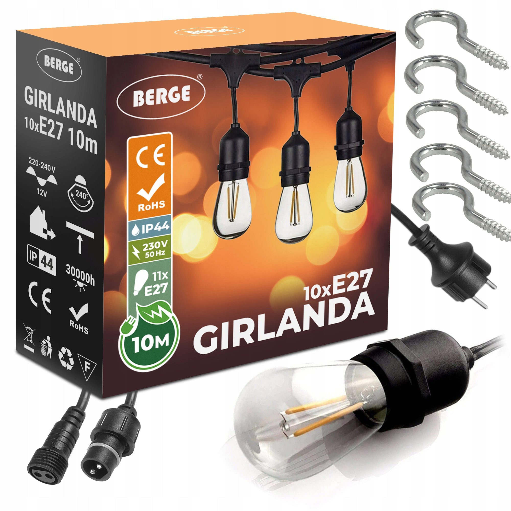 Garden Garland Light 10m +10x Bulb 1W LED Outdoor Waterproof Packaging status original