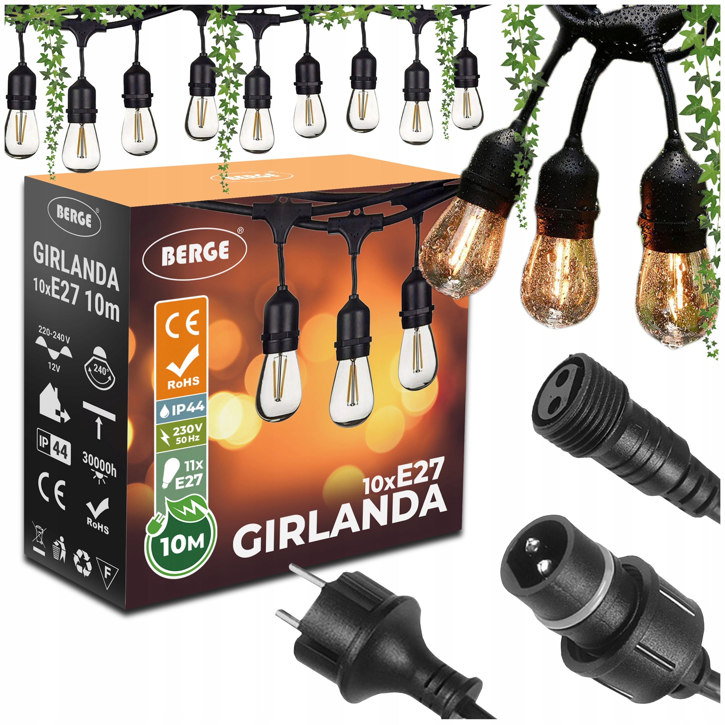 Garden Garland Light 10m +10x Bulb 1W LED Outdoor Waterproof