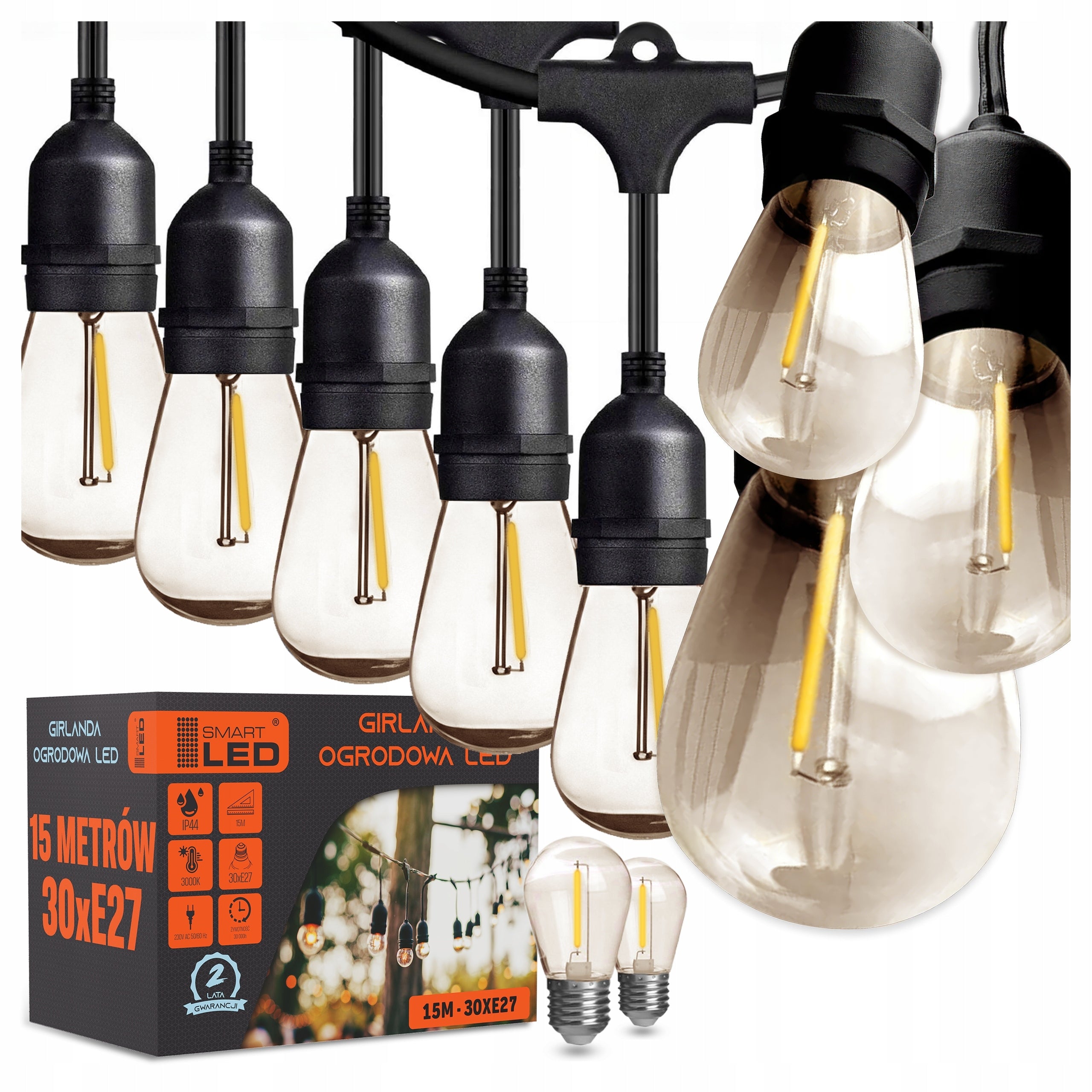 Garden Garland Light 15M 30X LED Bulb E27 + Cord Waterproof