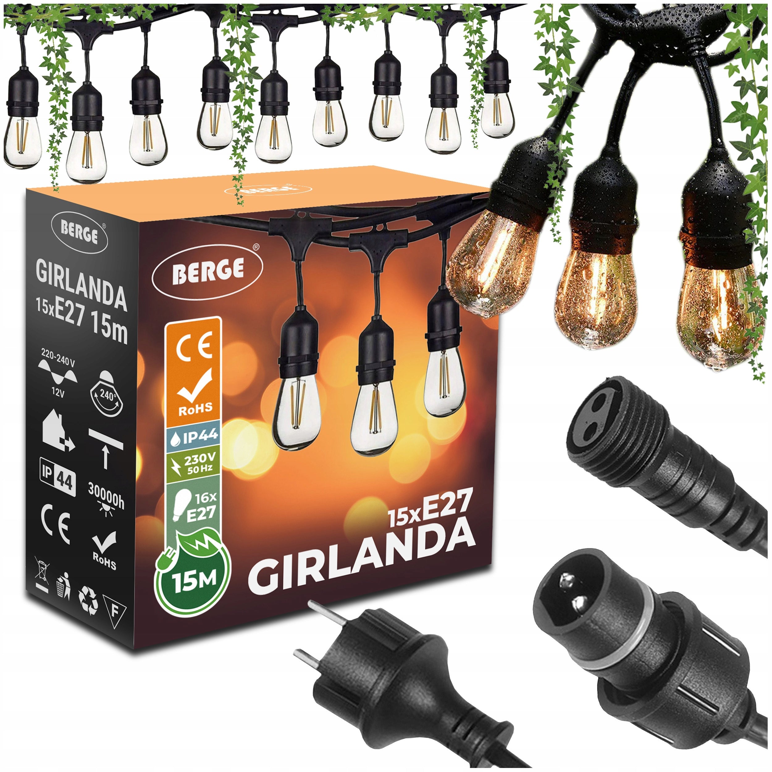 Garden Garland Light 15m+16x LED Bulbs 1W Outdoor Waterproof