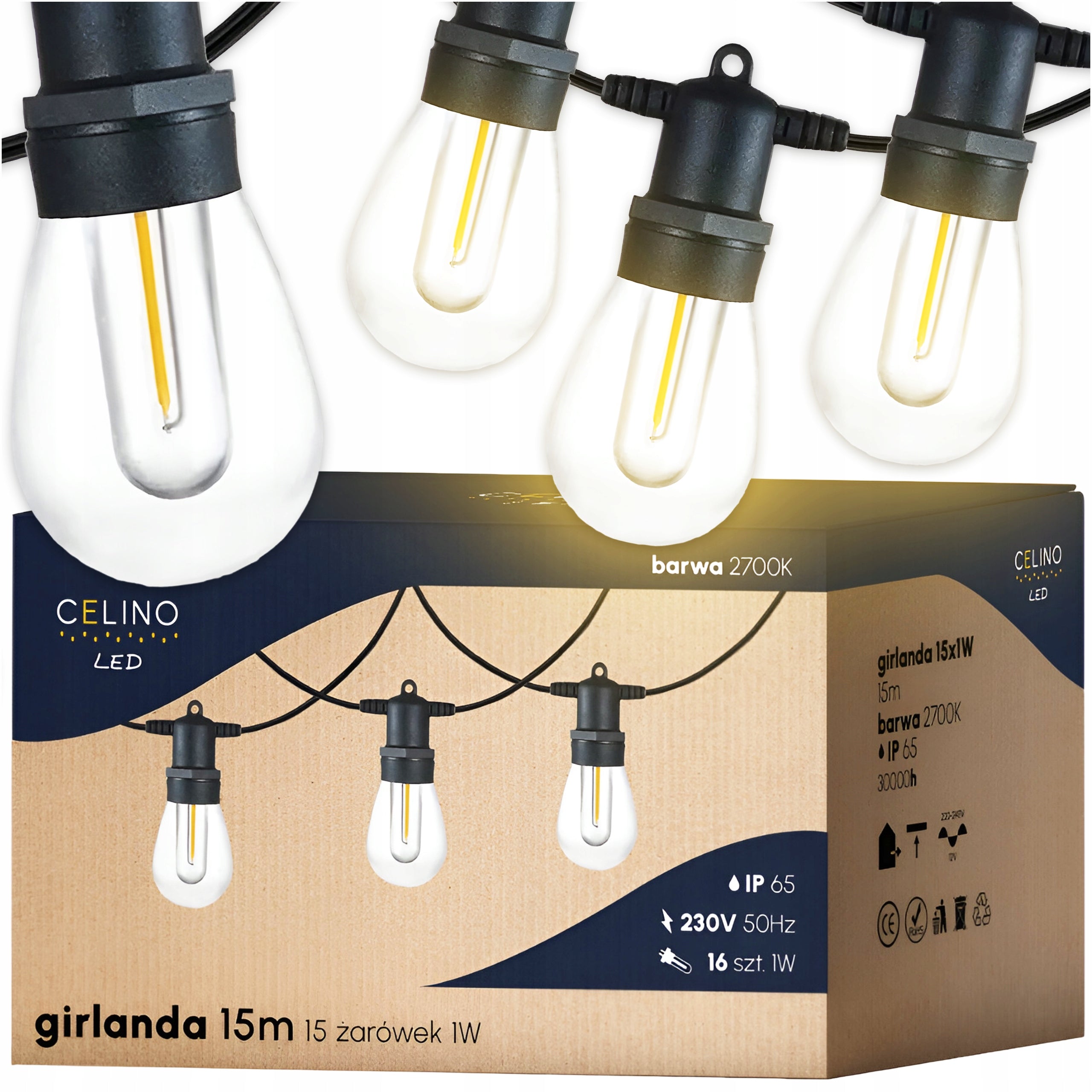 Garden Garland Light LED 15m Terrace Chain WATERPROOF 16x Bulbs