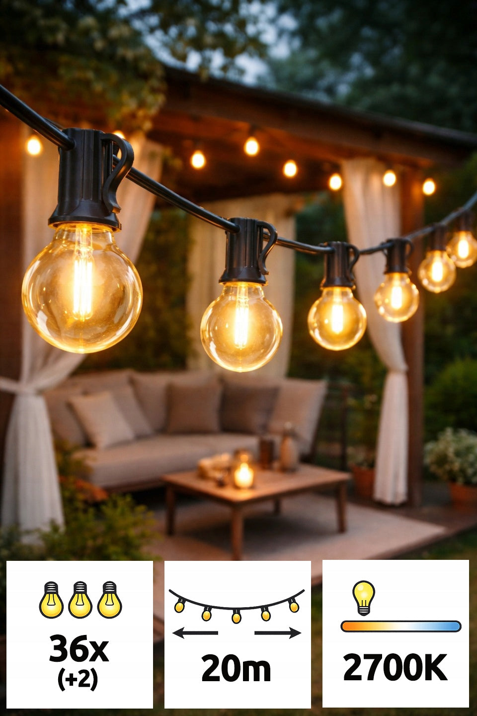 Garden Garland Outdoor Chain 20m + 36x LED Bulb + 2 freebie Remote Control Packaging status original