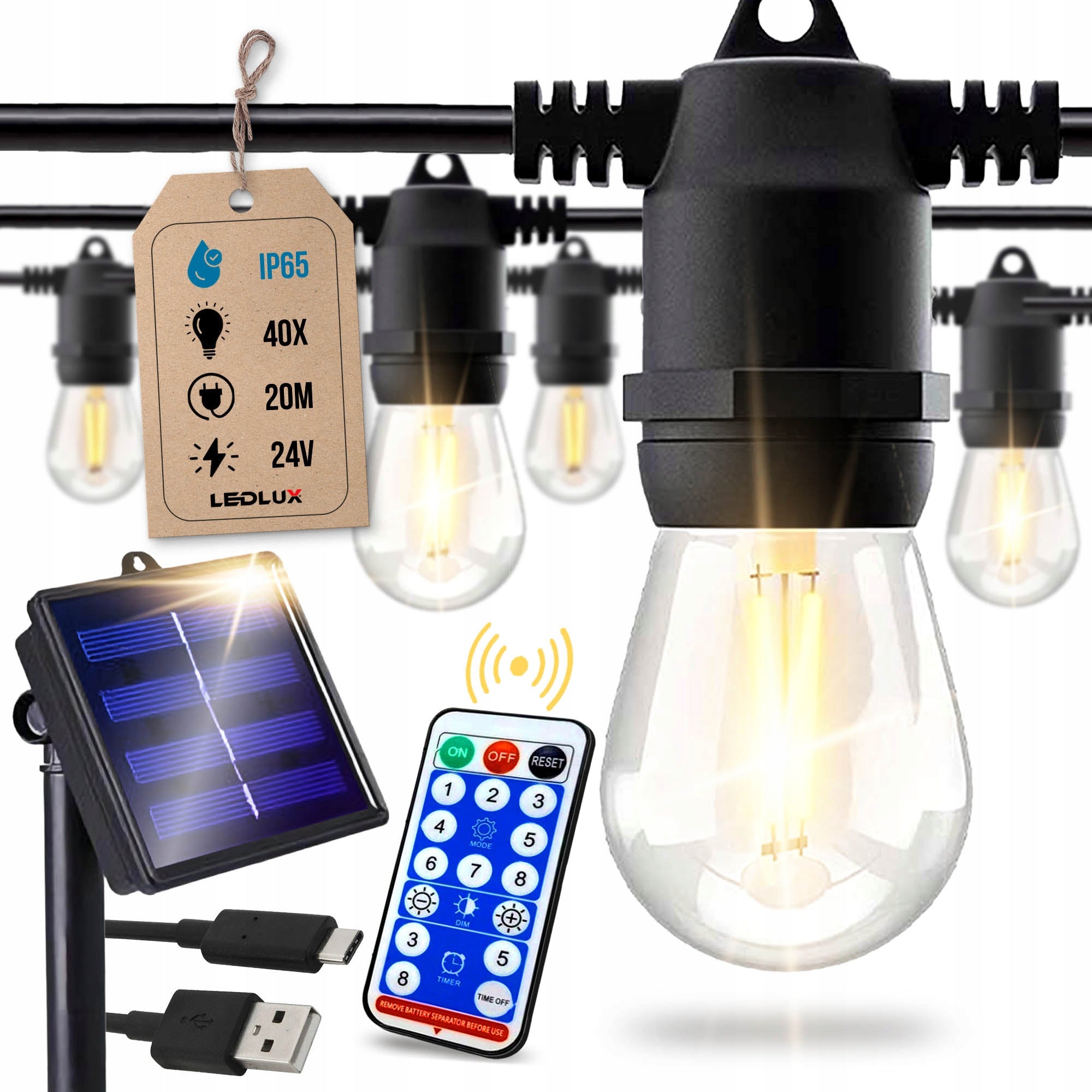Garden Garland Solar Outdoor Lights 20m 40x LED Bulb E27 + Remote Control