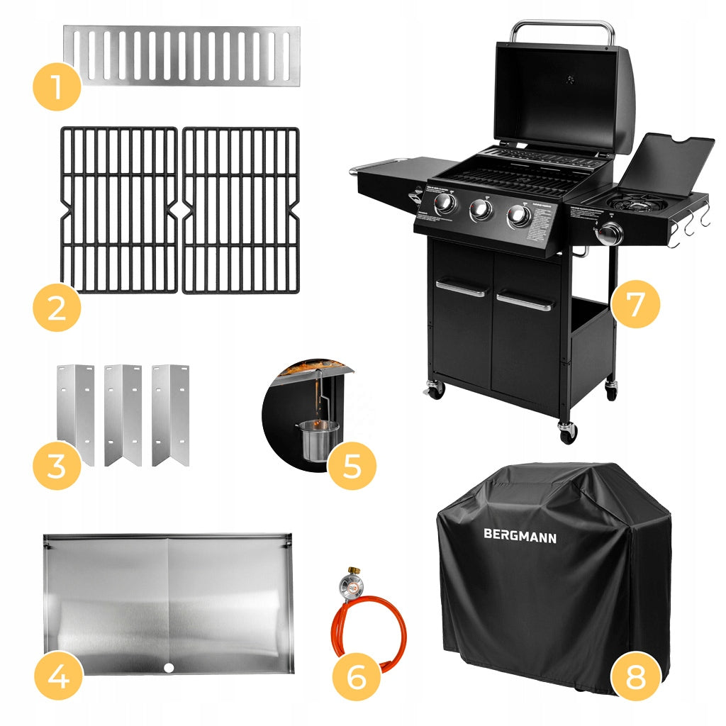 Garden Gas Grill 3+1 BERGMANN Cast Iron 11,6kW Cylinder Cabinet Cover Brand Bergmann