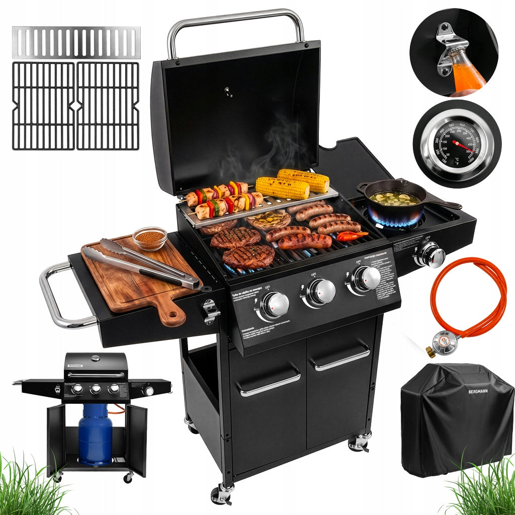 Garden Gas Grill 3+1 BERGMANN Cast Iron 11,6kW Cylinder Cabinet Cover