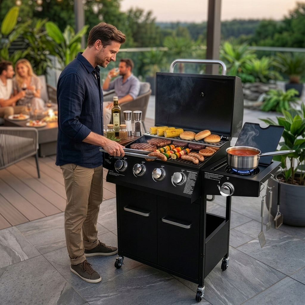 Garden Gas Grill 4+1 BERGMANN Cast Iron Grate Cylinder Cabinet Cover Packaging status original