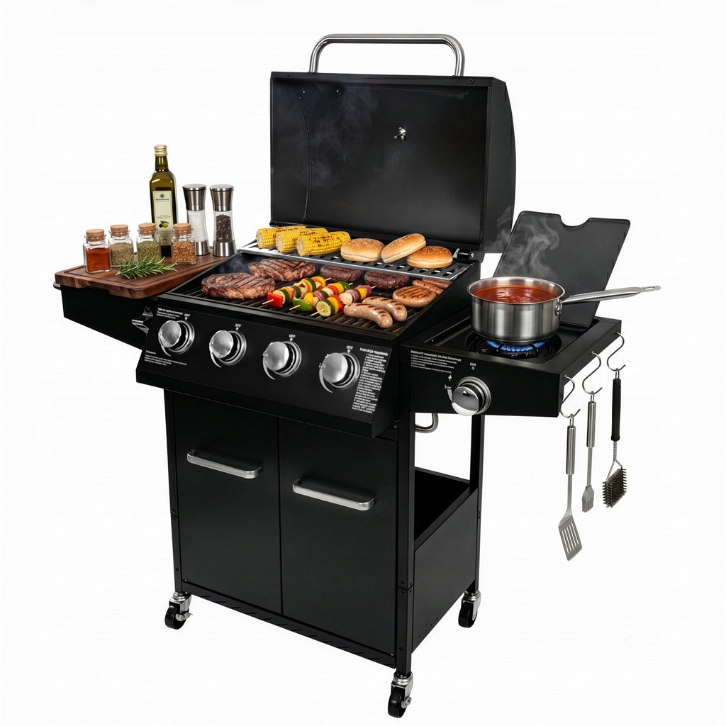 Garden Gas Grill 4+1 BERGMANN Cast Iron Grate Cylinder Cabinet Cover Power 14.5 kW