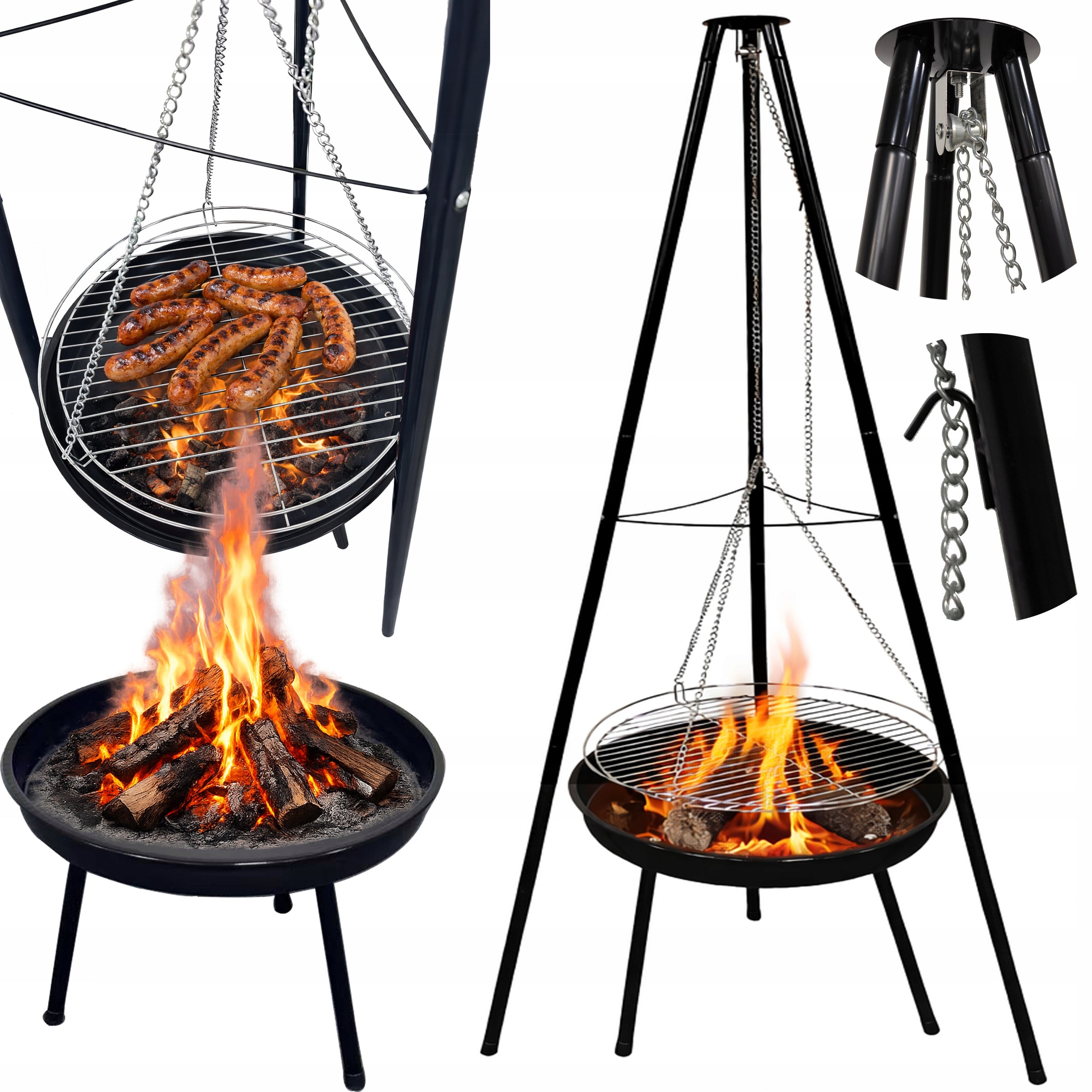 Garden Grill Tripod Fire Pit Adjustable Hanging STAINLESS GRATE + BOWL
