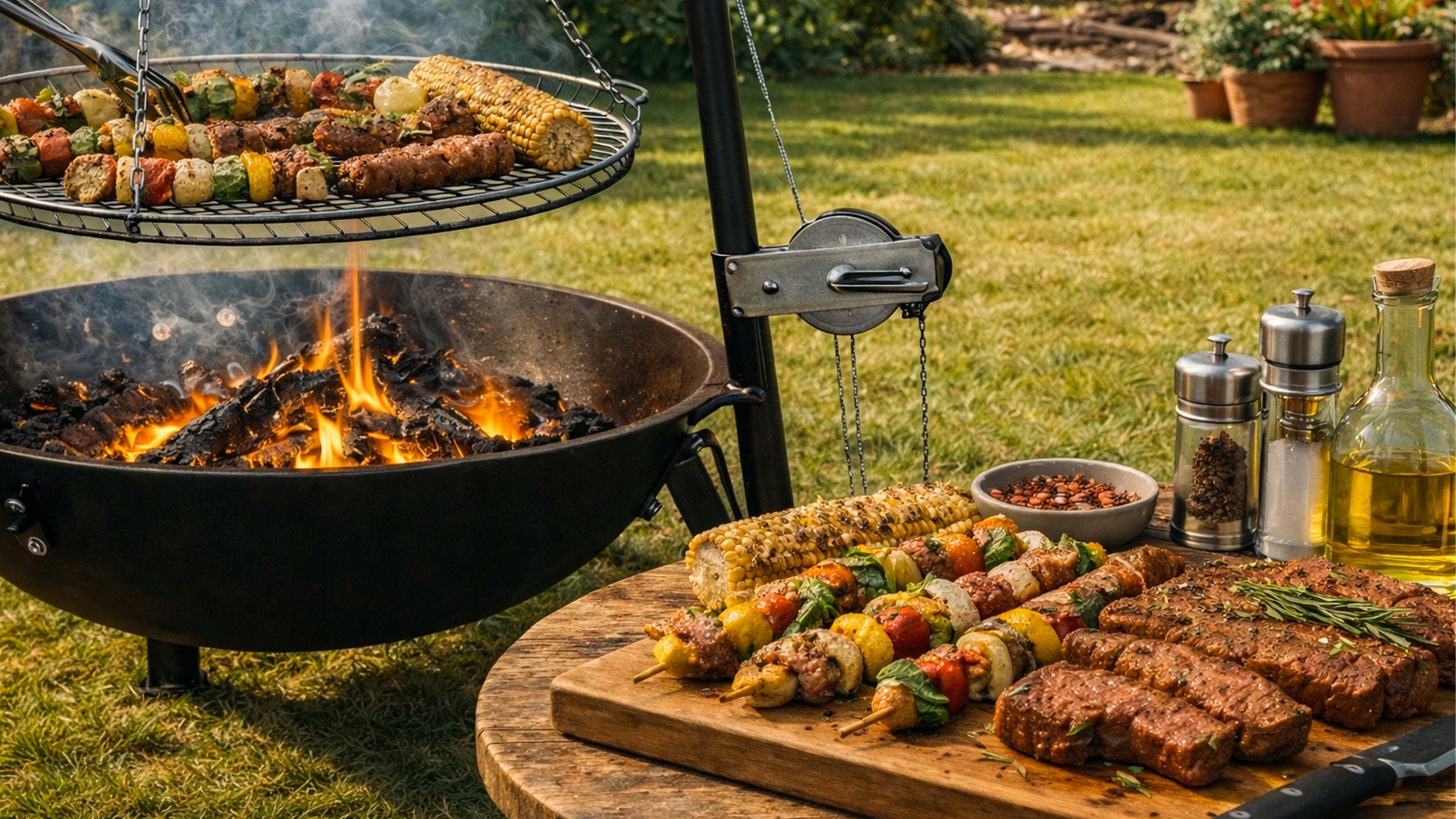 Garden Grill Tripod Fire Pit Stainless Steel Adjustable Suspended Grate length 60 cm