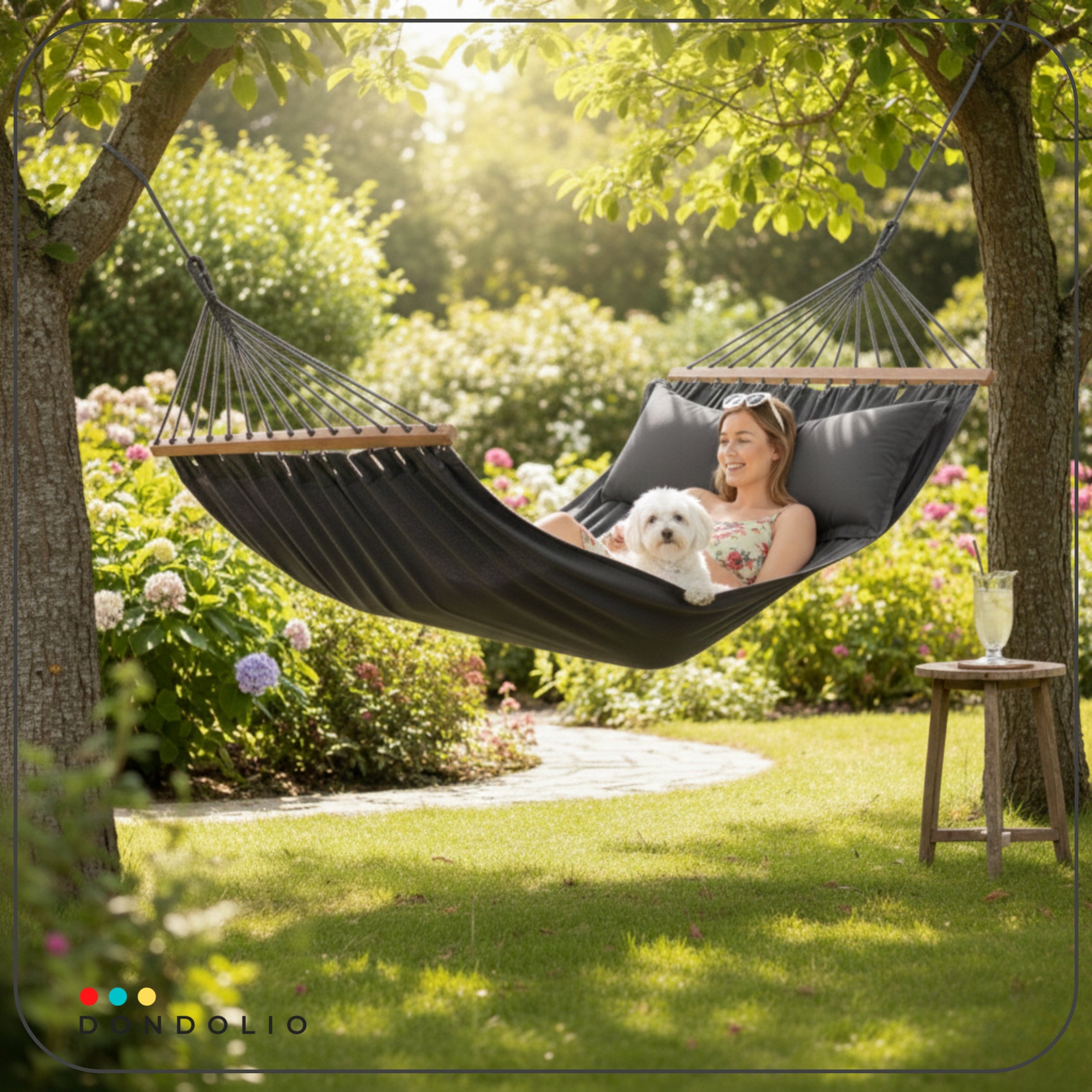 Garden Hammock Double Hammock with XXL Bar 2 Cushions Boho DARK GREY Kind hammock with rod