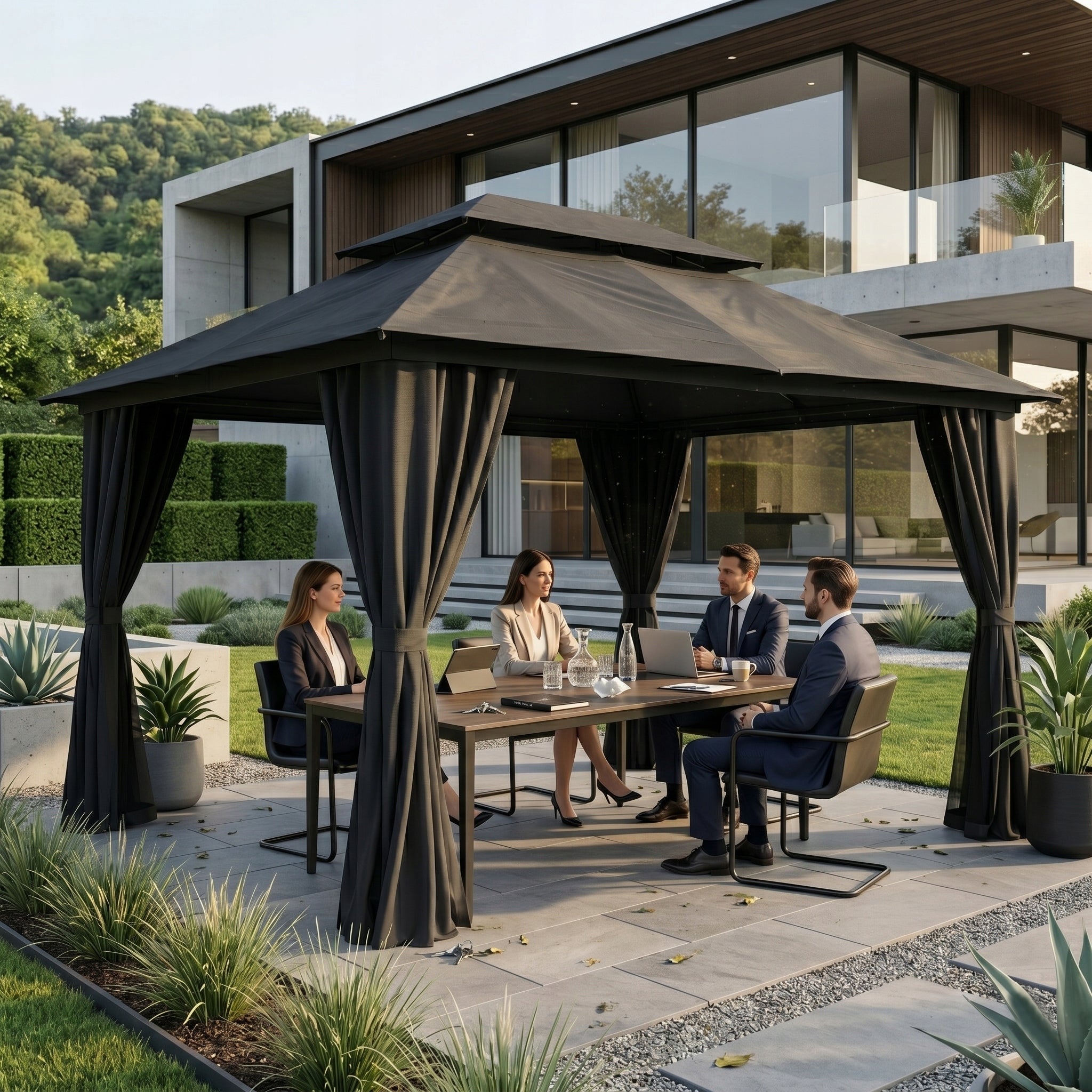 Garden Pavilion 3x4m Terrace TENT with CURTAINS and MOSQUITO NETS Gazebo Number of side walls 4 walls
