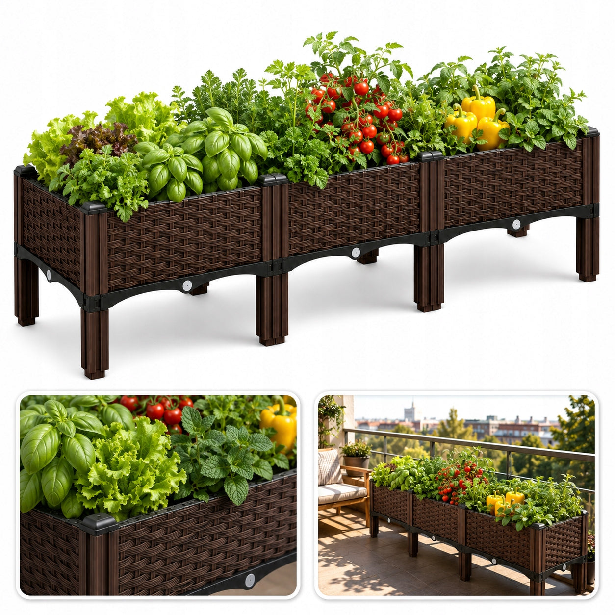 Garden Planter Elevated 120x40x38 Brown Modular 3 Boxes Balcony Brand no brand