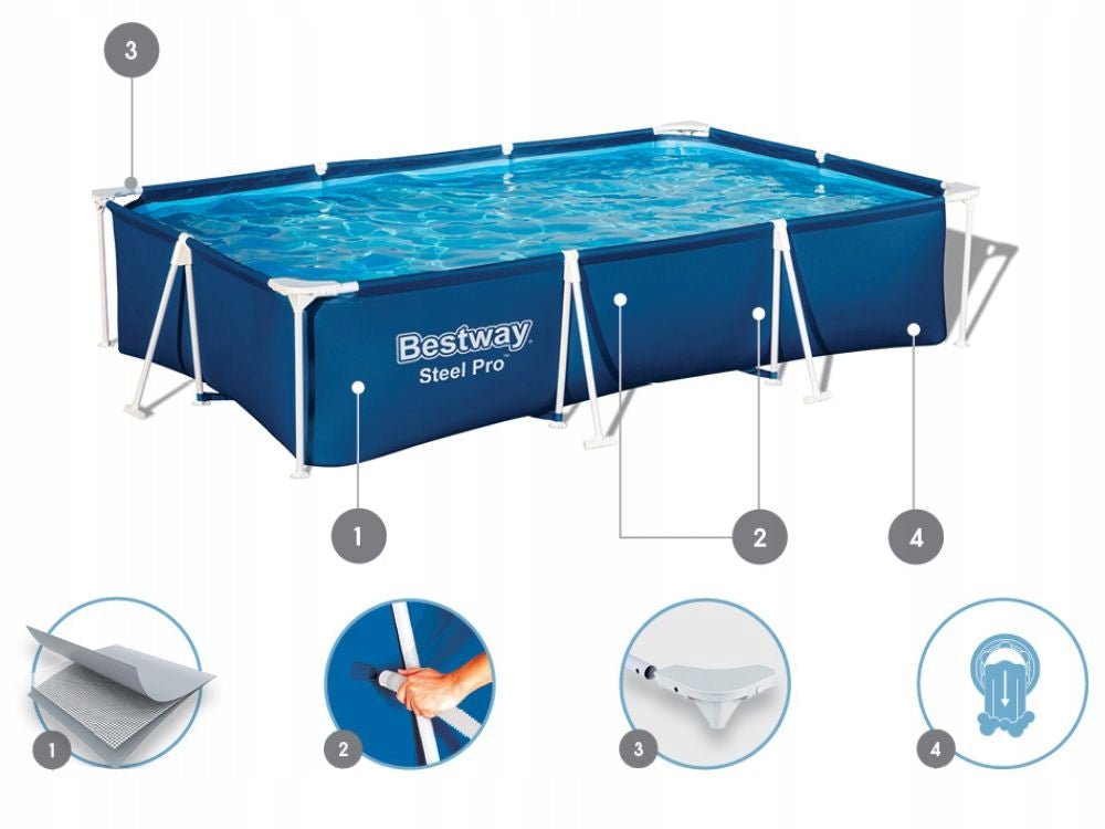 Garden Pool Rectangle 300x201x66 Framed with Pump Bestway 56411 New2026 Series Steel Pro