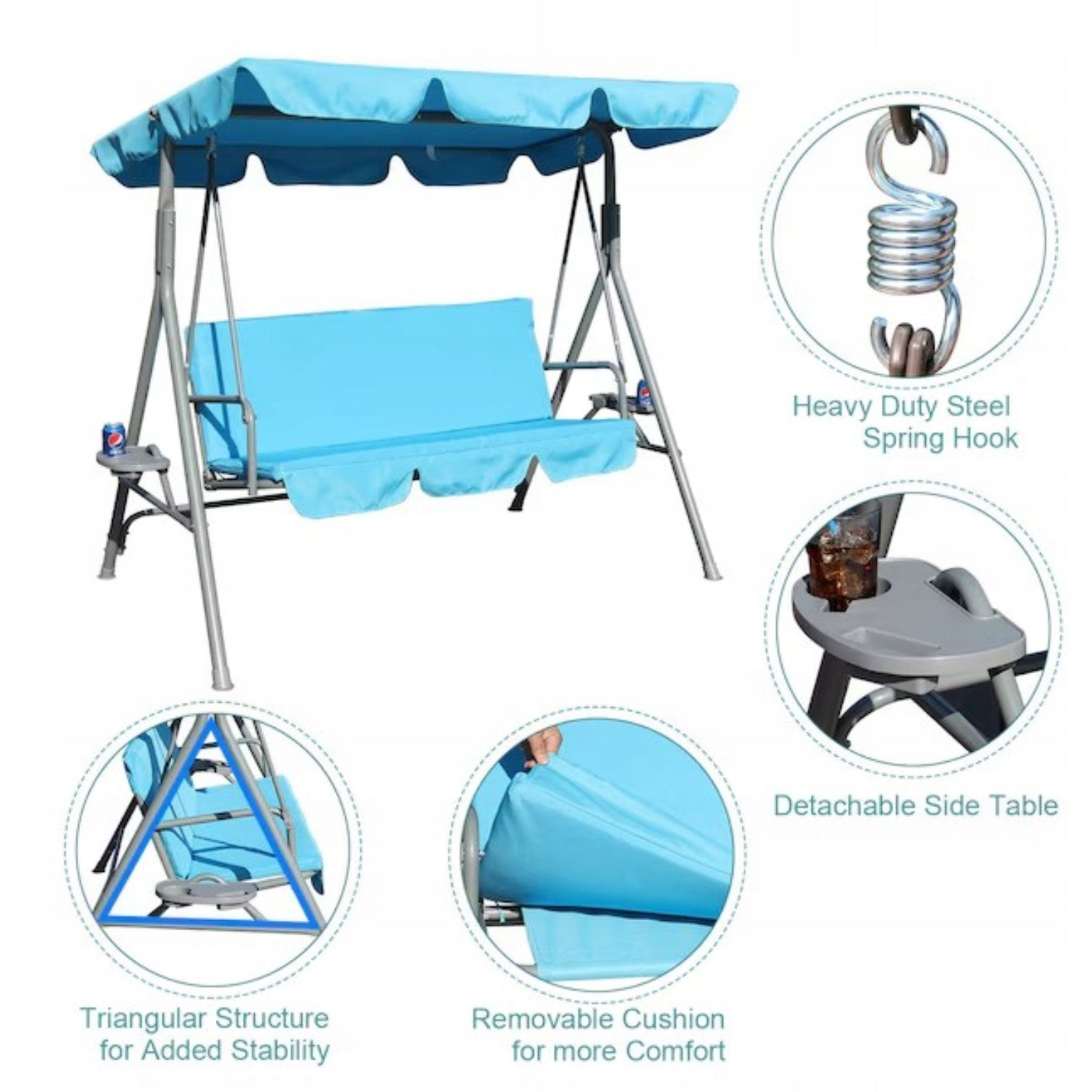 Garden Star 3 Seater Swing with Tables 170x110x153 Blue HD-11174 Manufacturer code HD-11174