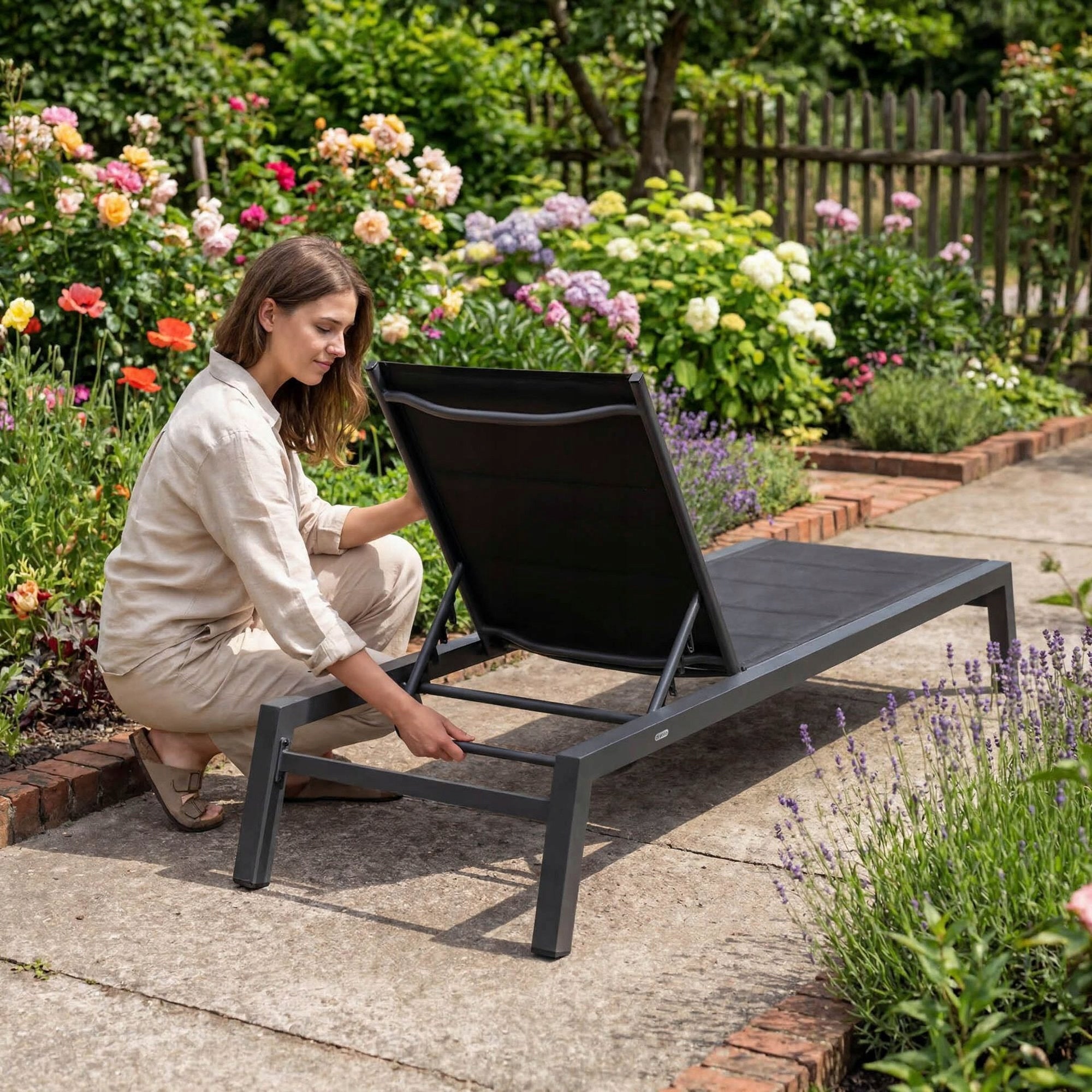 Garden Sun Lounger Aluminum Adjustable 198 cm Textilene Black 120 kg Premium Model DV-187ASL Erice