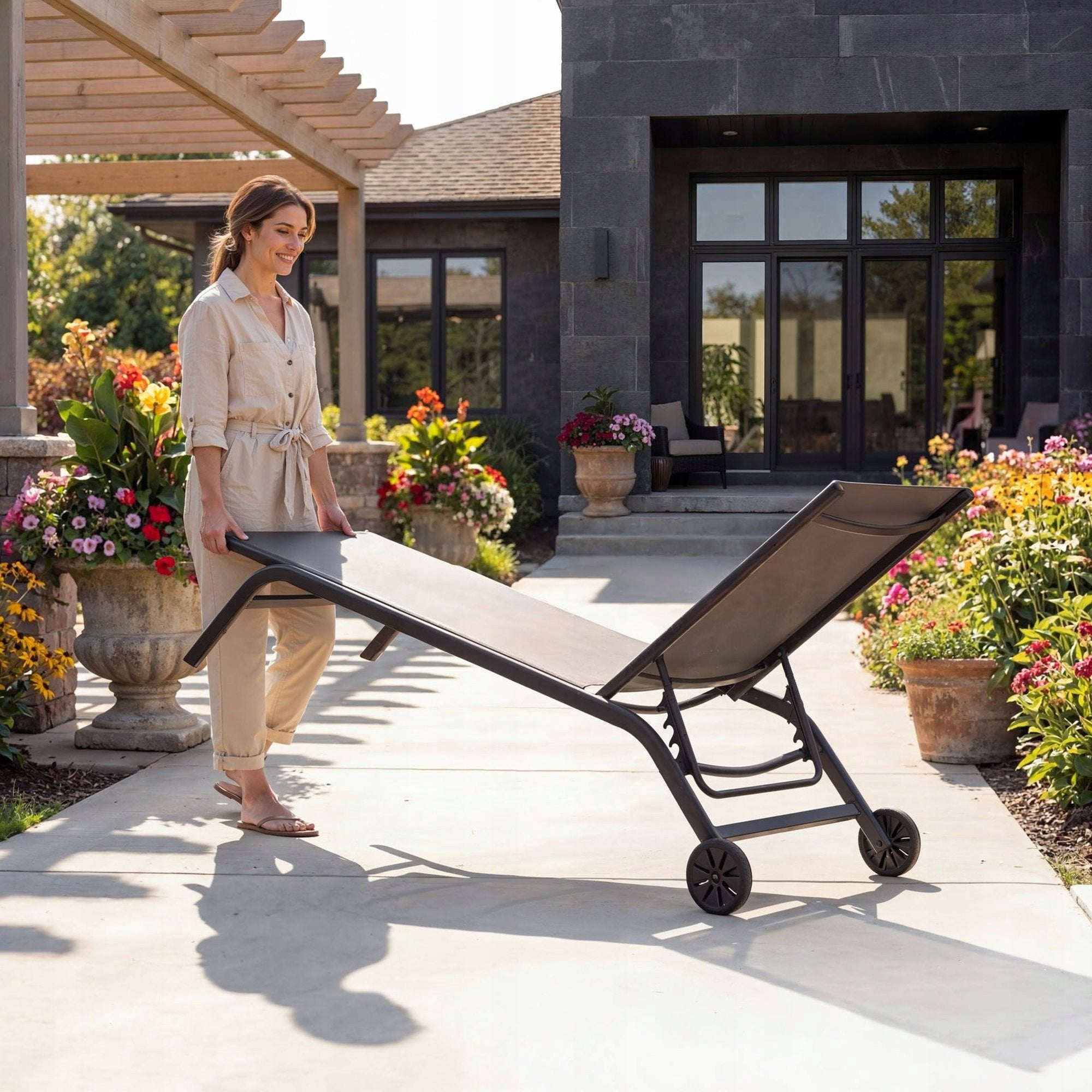 Garden Sun Lounger Aluminum Adjustable Sun Lounger with Wheels 120 kg Textilene Brand di volio
