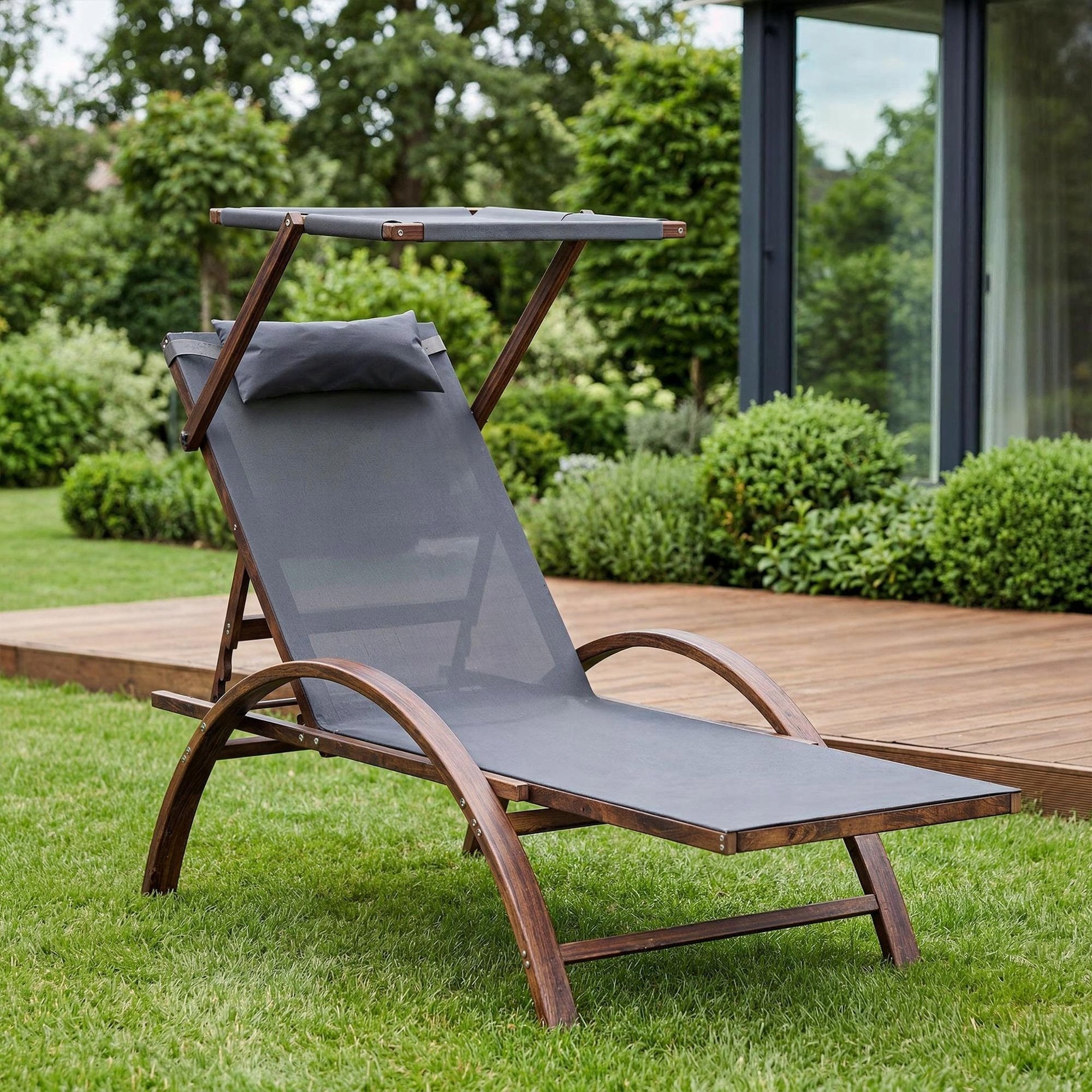 Garden Sun Lounger Wooden Terrace Cushion Canopy Garden Sun Lounger Balcony Color gray