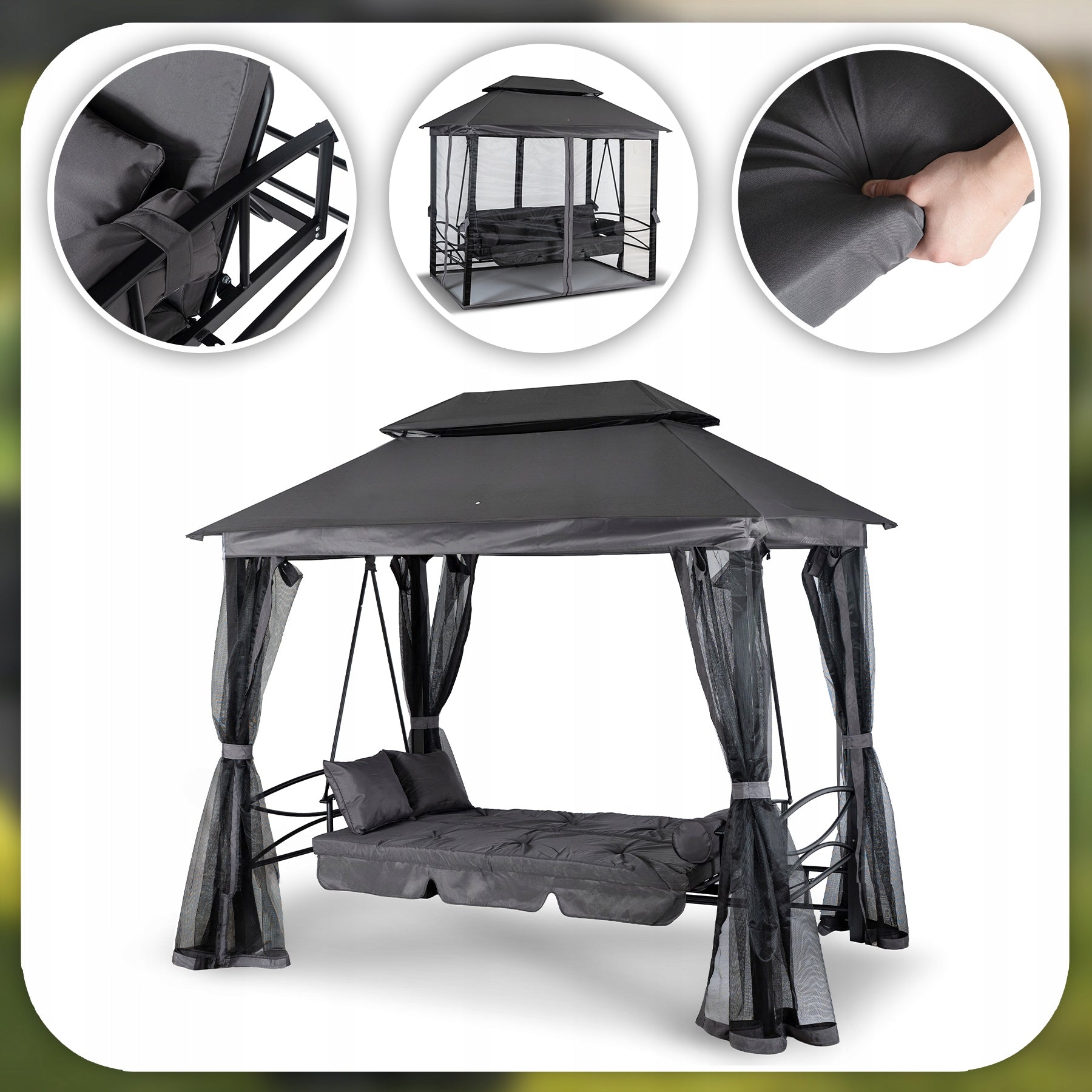 Garden Swing Freestanding with Canopy Mosquito Net Bench Grey CARMEN Manufacturer MEBEL ELITE
