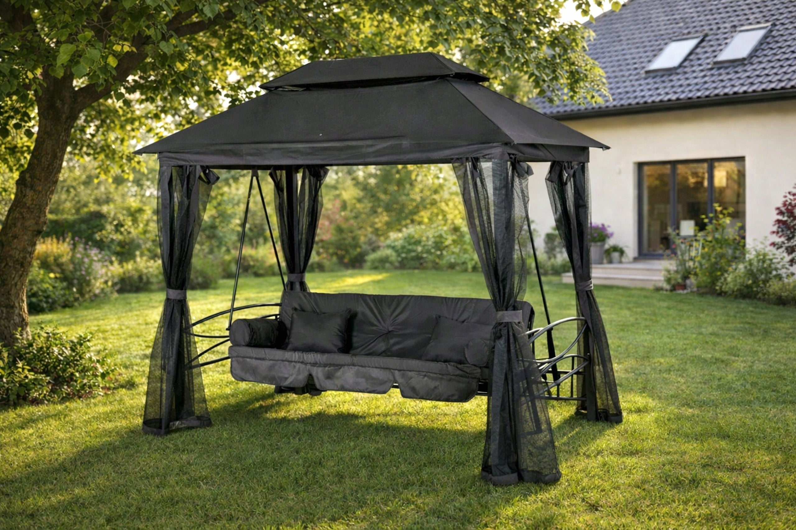Garden Swing Freestanding with Canopy Mosquito Net Bench Grey CARMEN Packaging status original