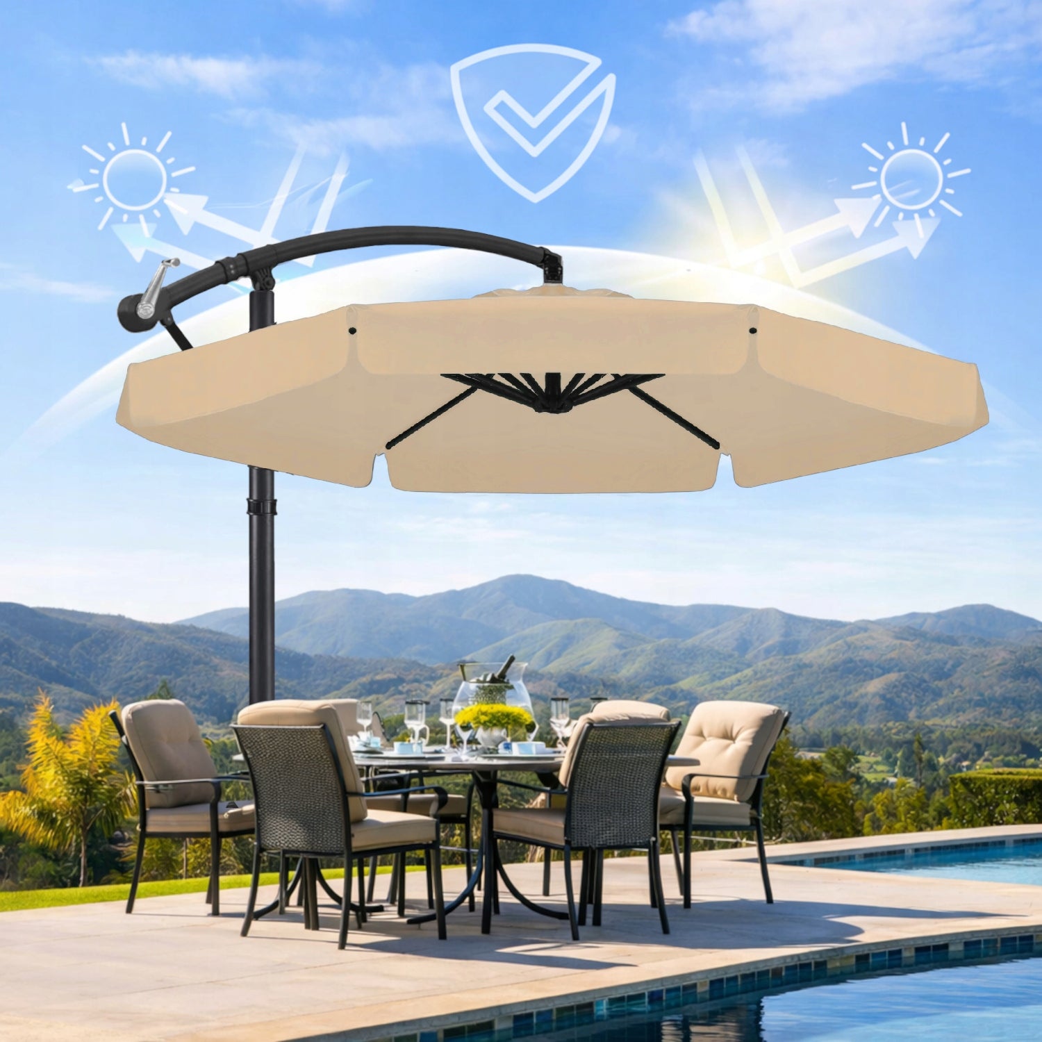 Garden UMBRELLA LARGE FOLDING SOLID WITH BOOM AND FRILL + COVER Manufacturer code Full Beige - kolor beżowy z grubym materiałem