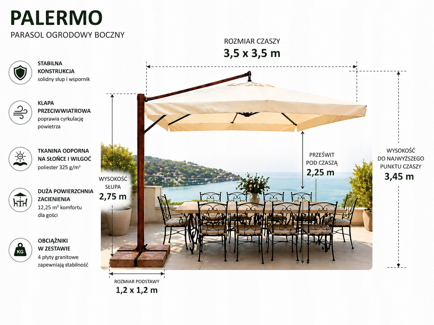 Garden Umbrella Cantilever 3,5x3,5 m Palermo Packaging status original