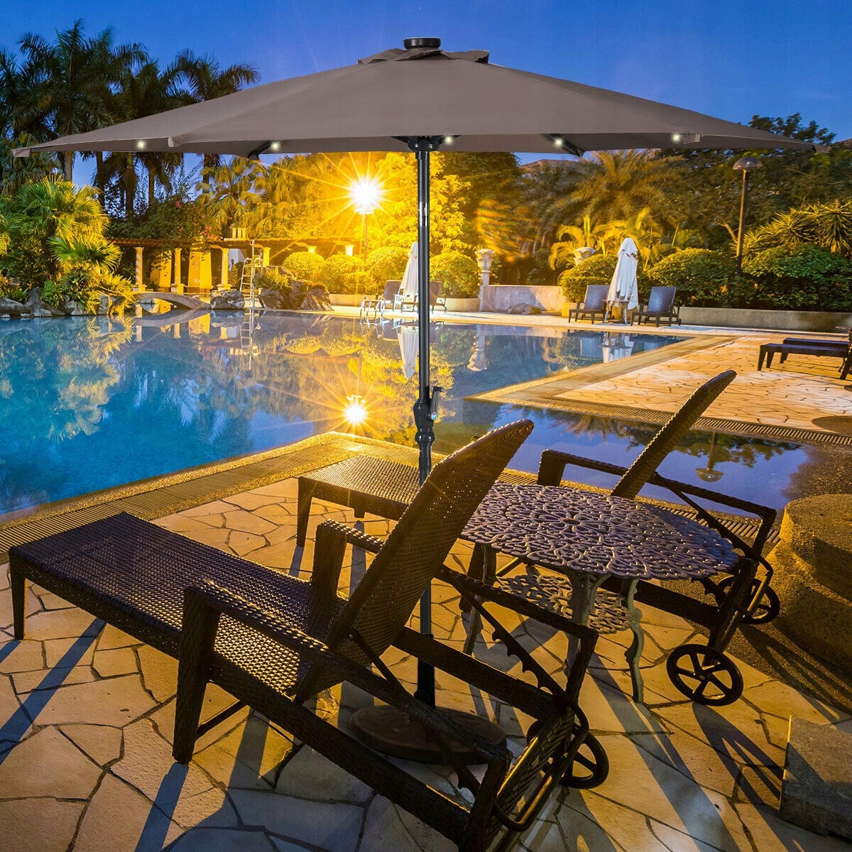 Garden Umbrella for Terrace with LED Lighting Round Lights BROWN Product height 245 cm