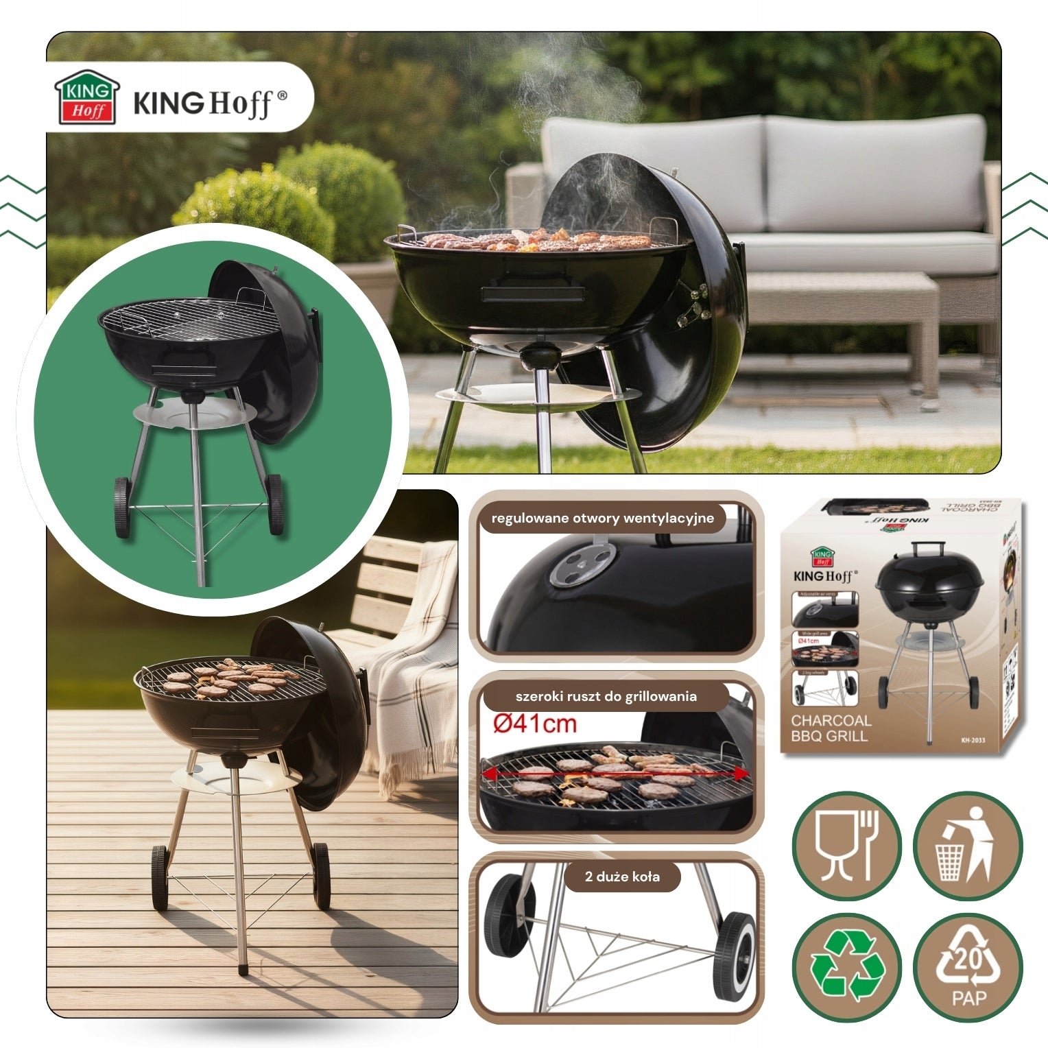 Garden charcoal grill KINGHOFF KH-2033 with Cover 41 cm on Wheels Grate Manufacturer code KH-2033