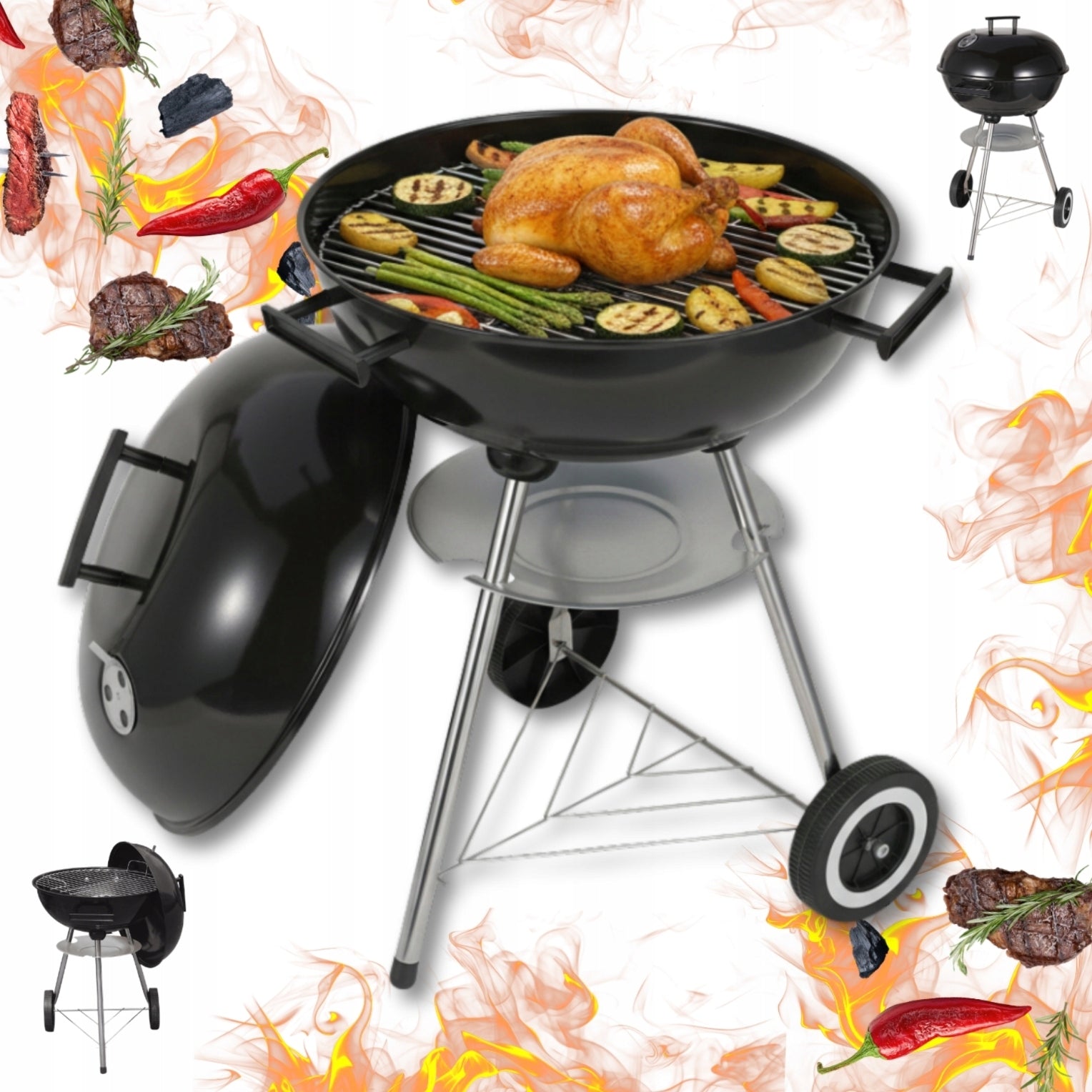 Garden charcoal grill KINGHOFF KH-2033 with Cover 41 cm on Wheels Grate