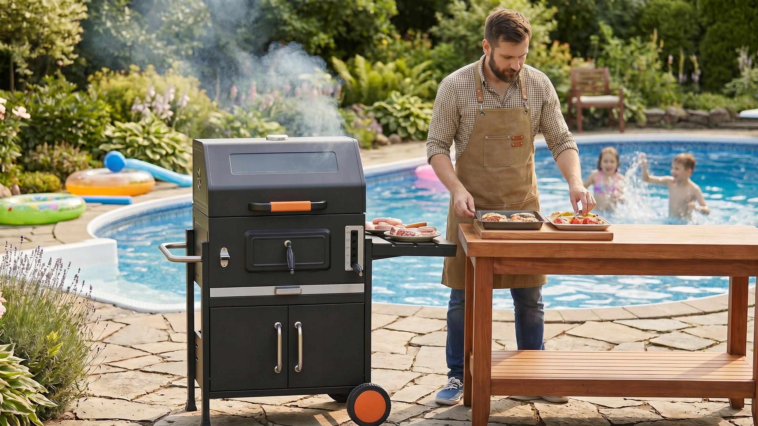 Garden charcoal grill large cover adjustable grate cast iron thermometer glass Grill width 120 cm