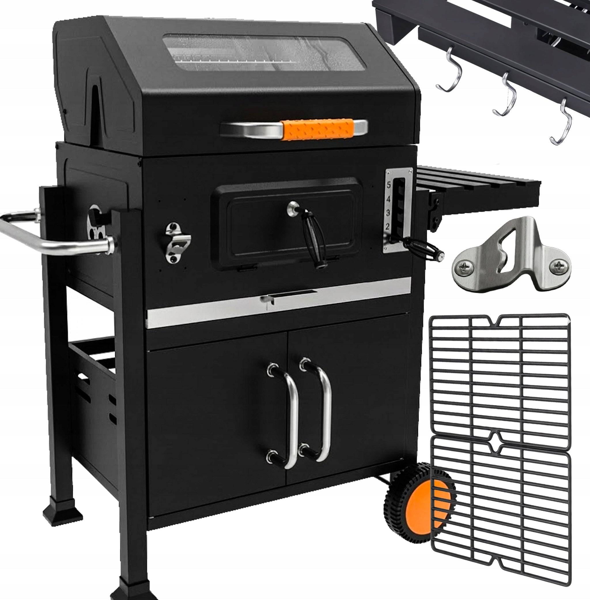 Garden charcoal grill large cover adjustable grate cast iron thermometer glass