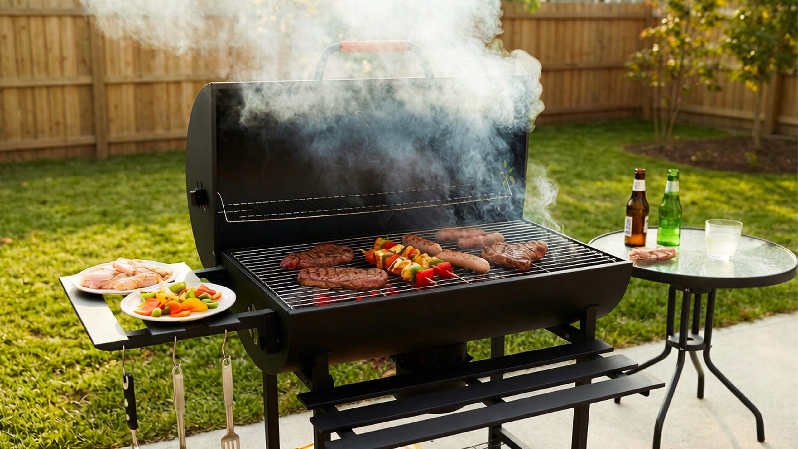 Garden charcoal grill with lid 2 grates ashtray thermometer steel 2 shelves Product weight with unit packaging 25 kg