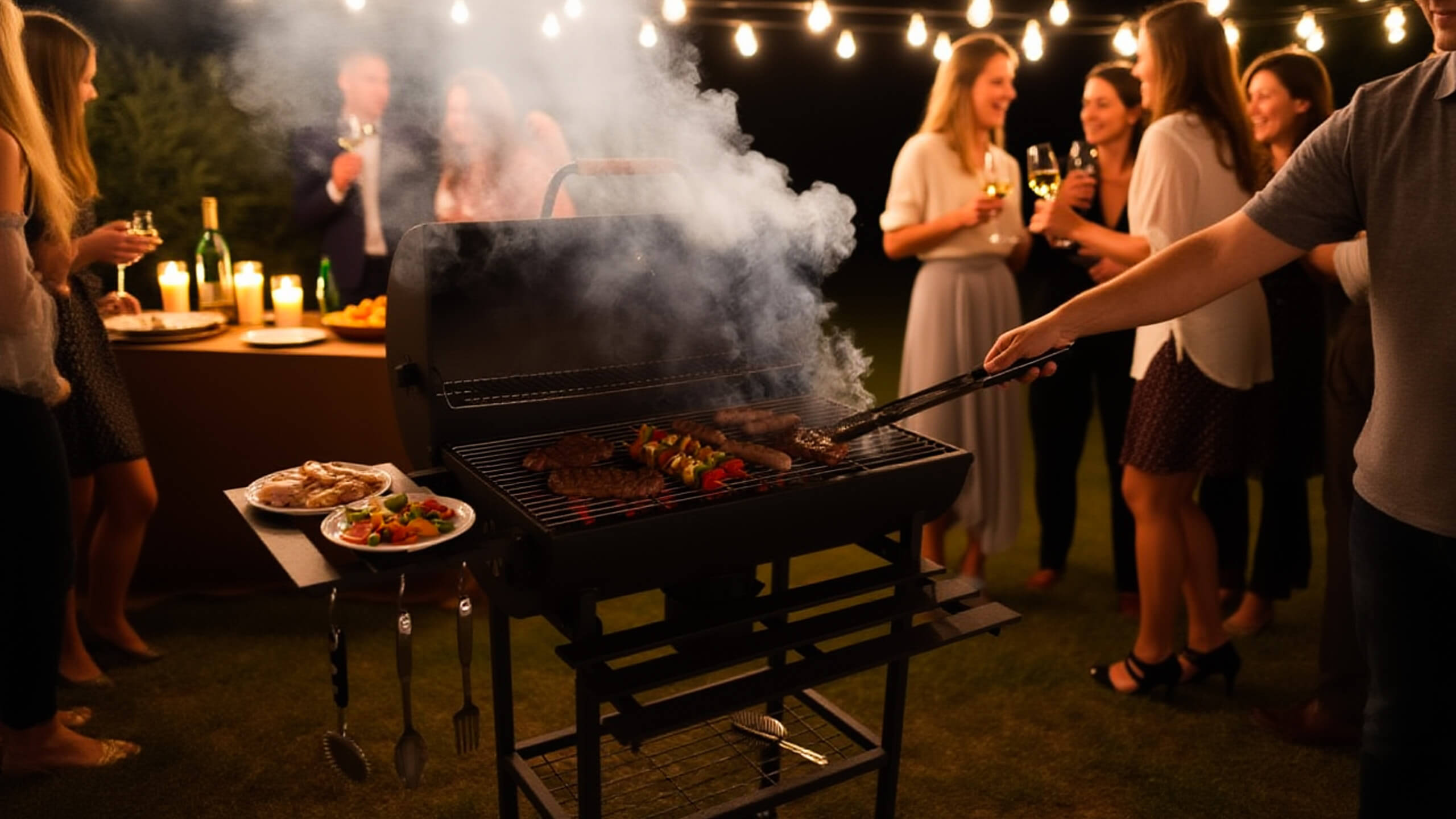 Garden charcoal grill with lid 2 grates ashtray thermometer steel 2 shelves Weight 25 kg