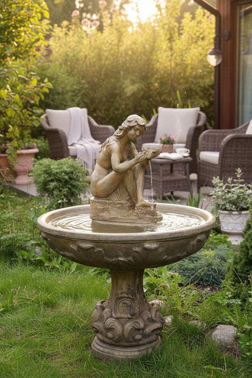 Garden fountain with a girl with roses from a conglomerate, 1038 concrete, concrete