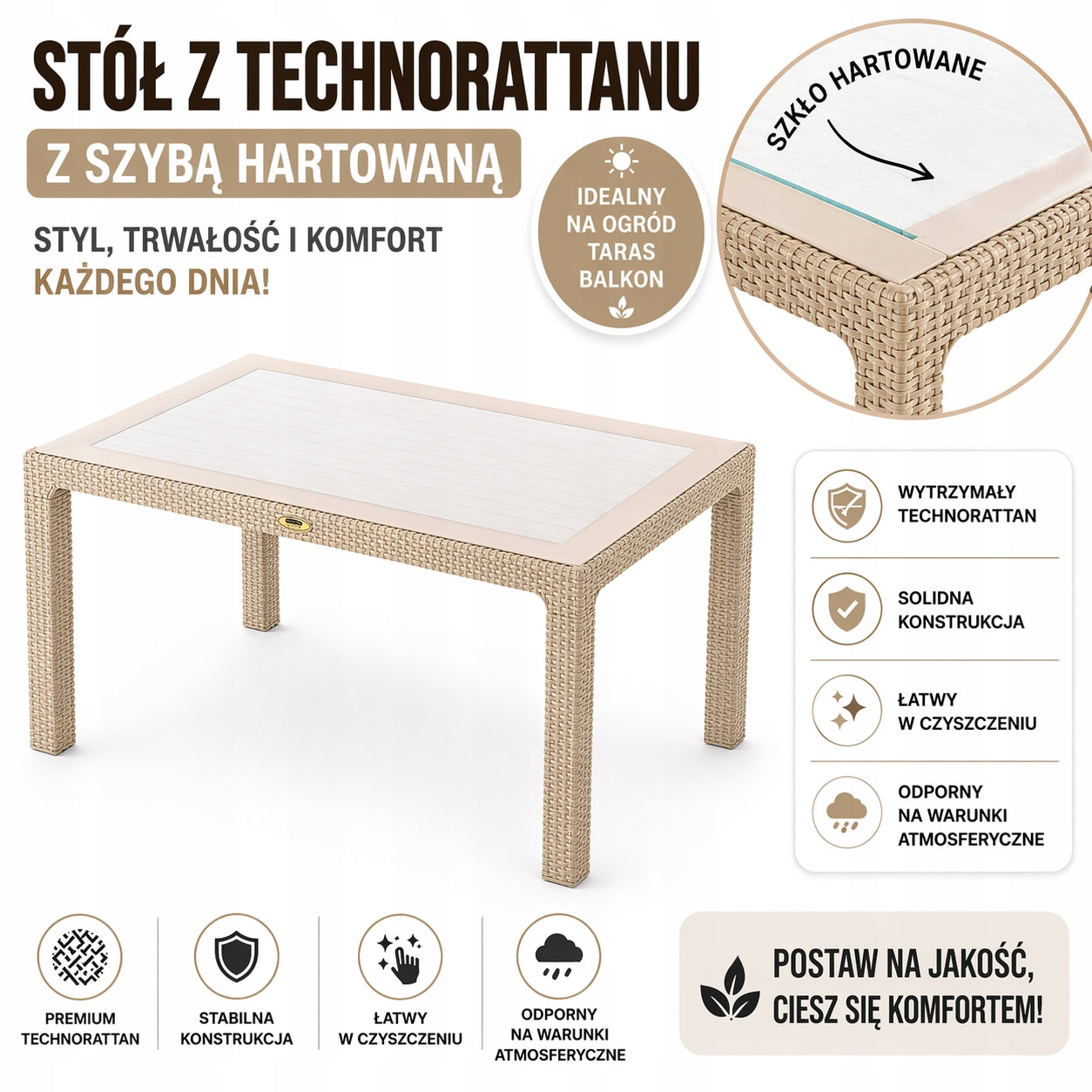 Garden furniture Dining table 140x80x76 Calma BEIGE rattan+ glass Packaging status original