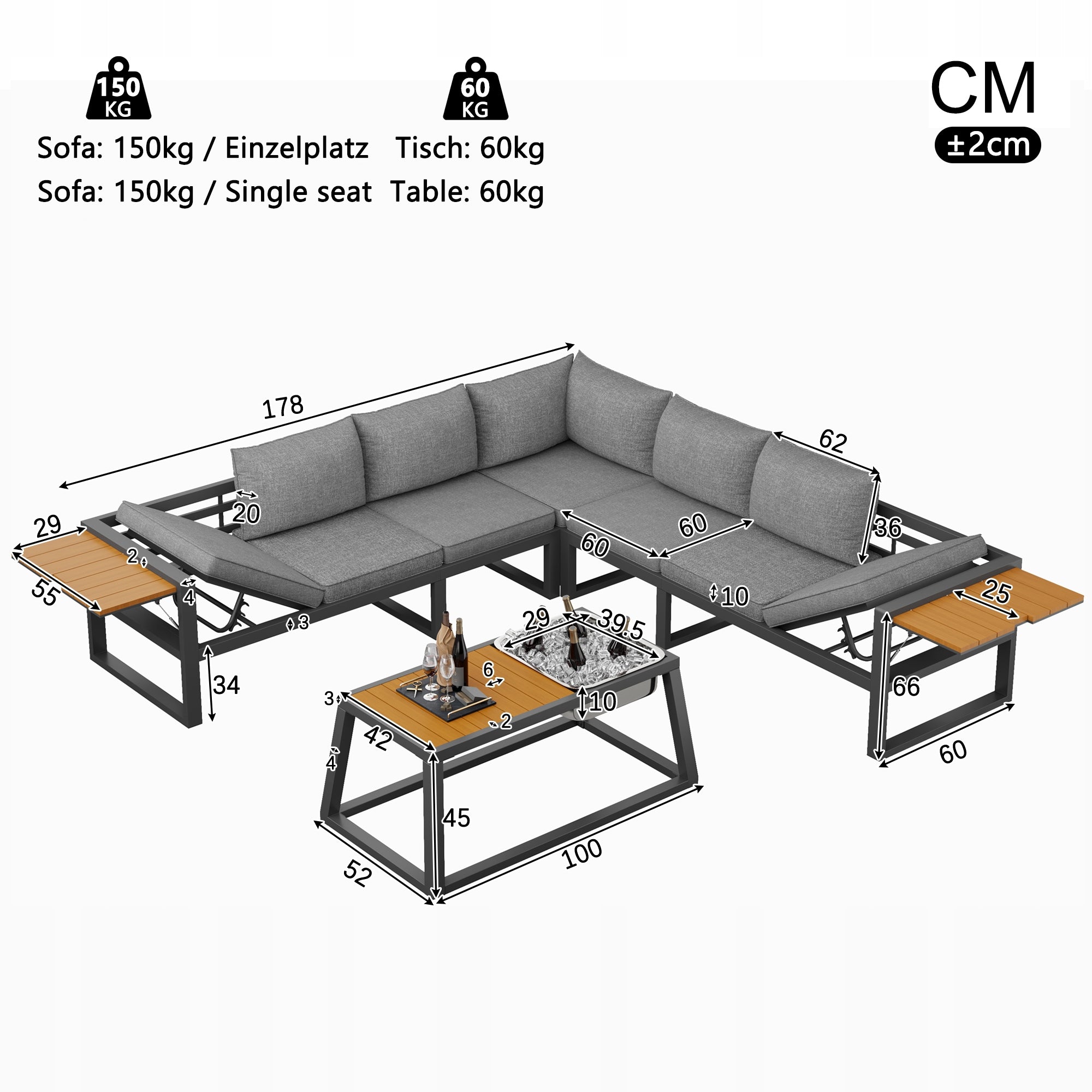 Garden furniture modular set grey beige adjustable backrest balcony terrace Packaging status original