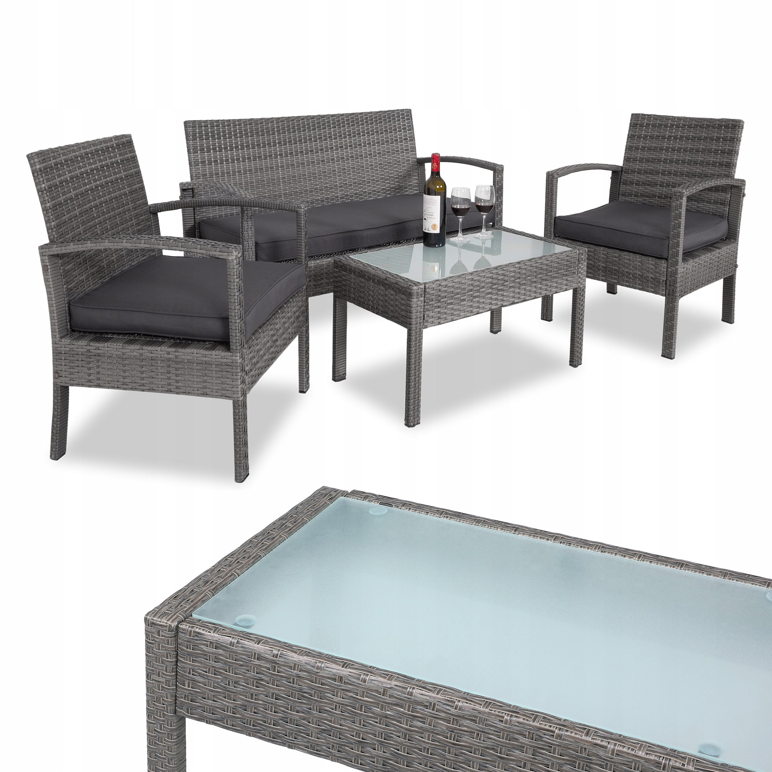 Garden furniture polyrattan 3x cushions 2x armchair bench table set grey EAN (GTIN) 4251779135776