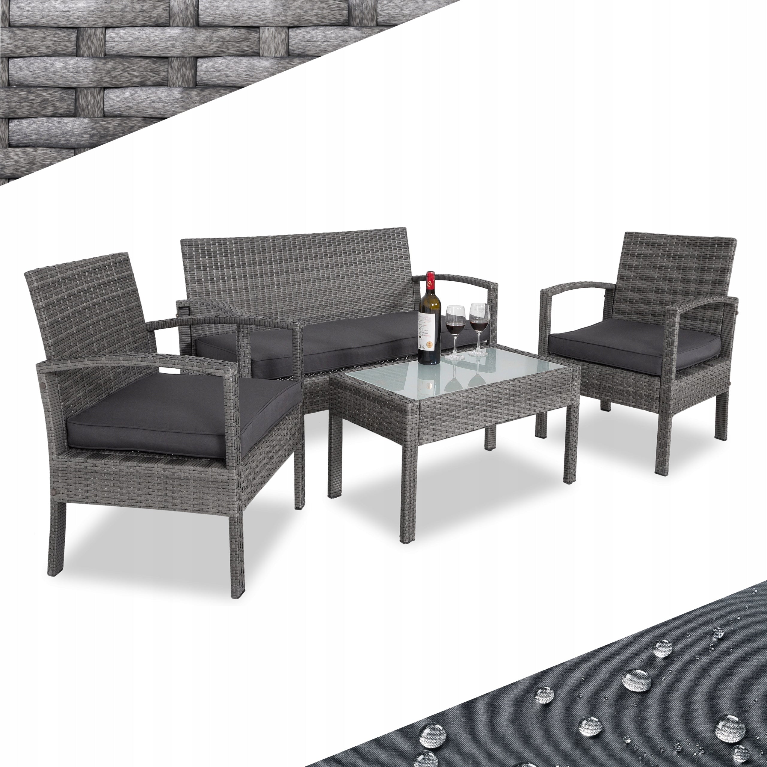 Garden furniture polyrattan 3x cushions 2x armchair bench table set grey