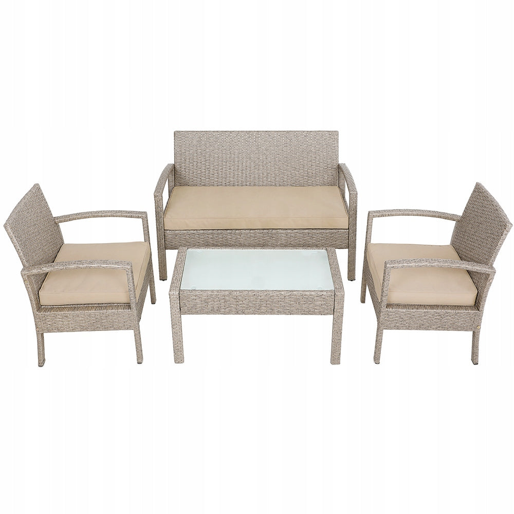 Garden furniture polyrattan 3x pillows 2x armchair bench table set beige Color beige