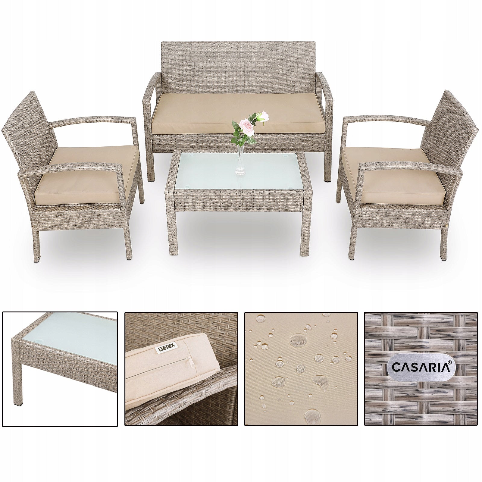 Garden furniture polyrattan 3x pillows 2x armchair bench table set beige Main material rattan