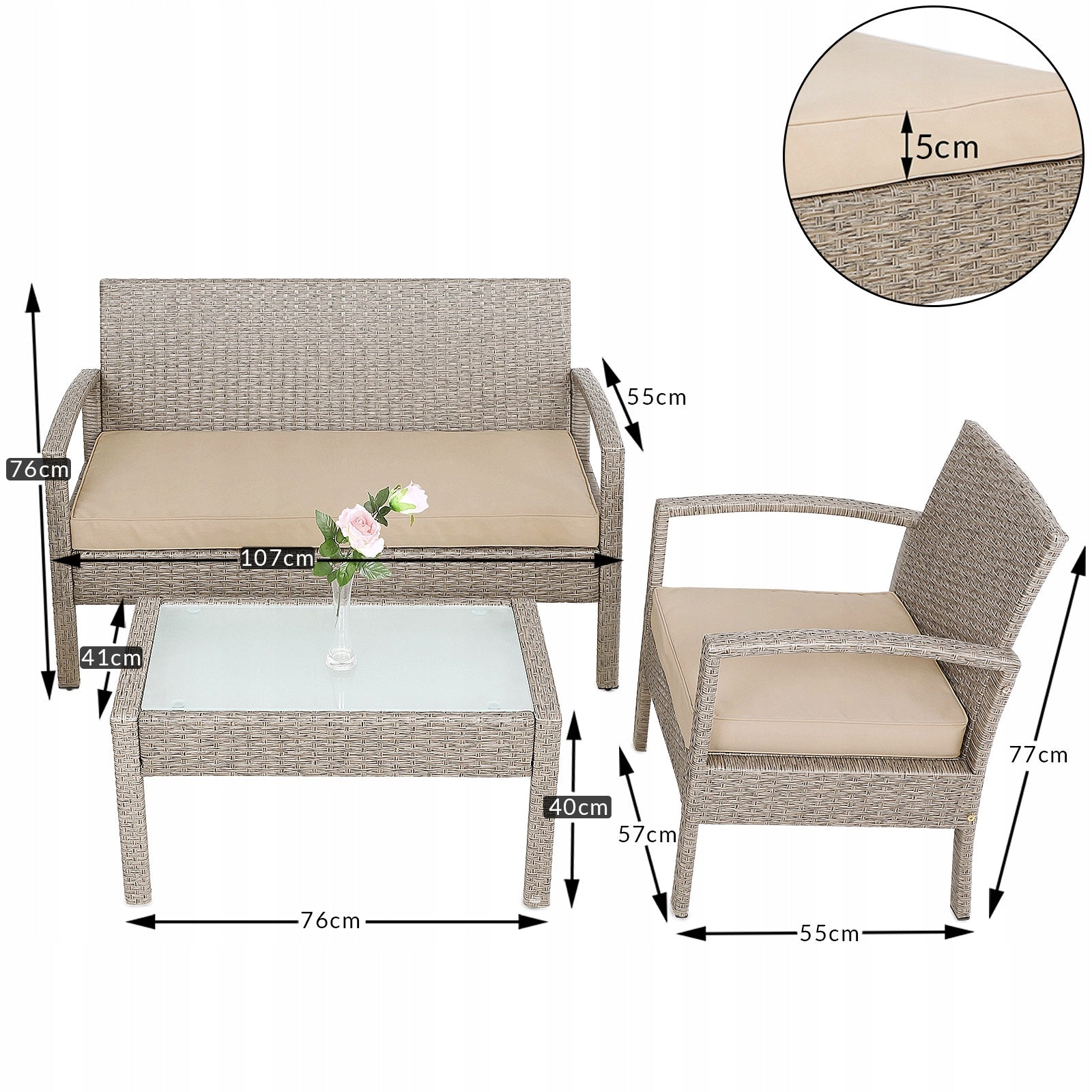 Garden furniture polyrattan 3x pillows 2x armchair bench table set beige Set contents armchair bench end table