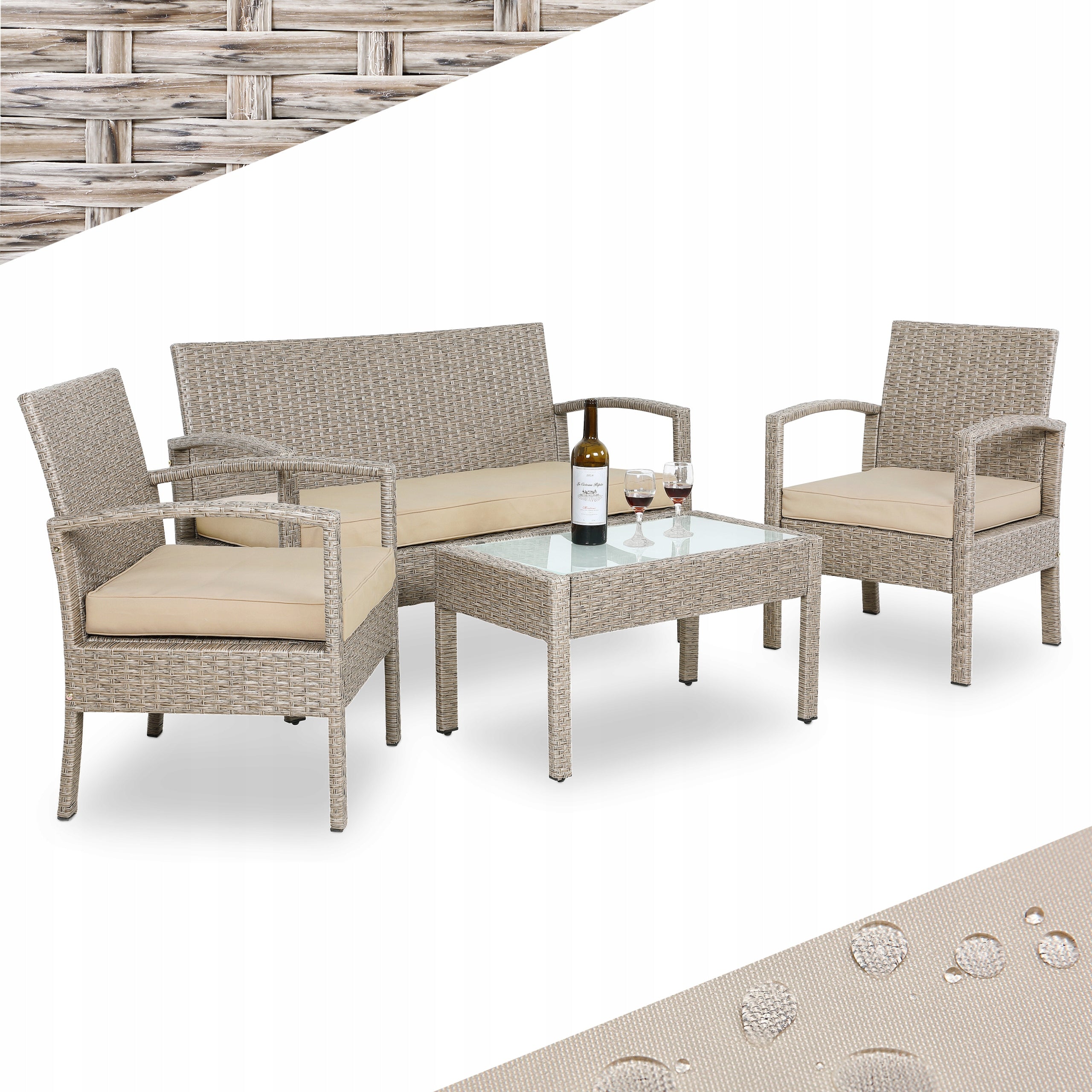 Garden furniture polyrattan 3x pillows 2x armchair bench table set beige