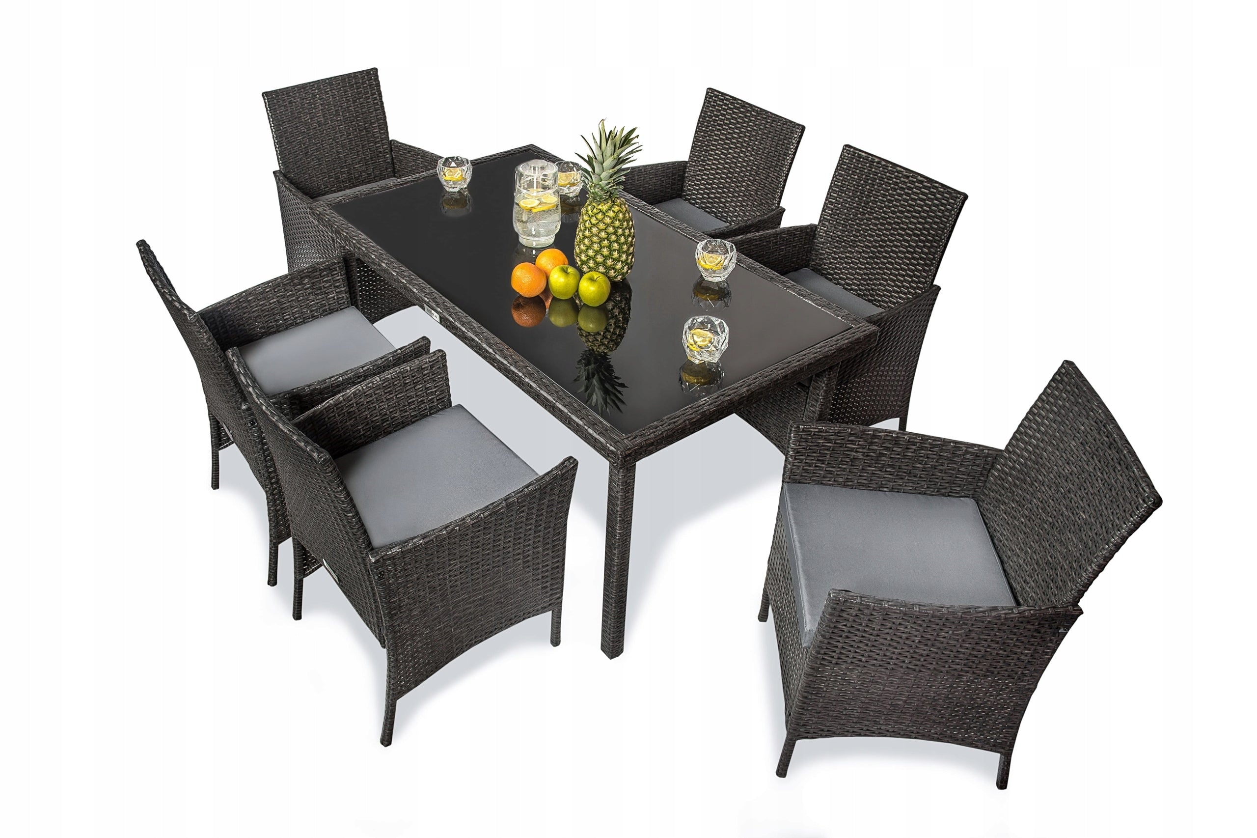 Garden furniture rattan armchair x6 + TABLE 150 Brown Dark 6 people GLASS Line Big Family
