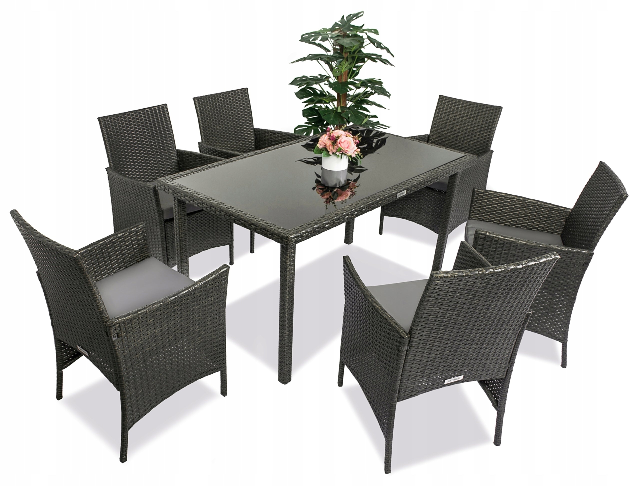 Garden furniture rattan armchair x6 + TABLE 150 Brown Dark 6 people GLASS Set contents armchair chair table end table
