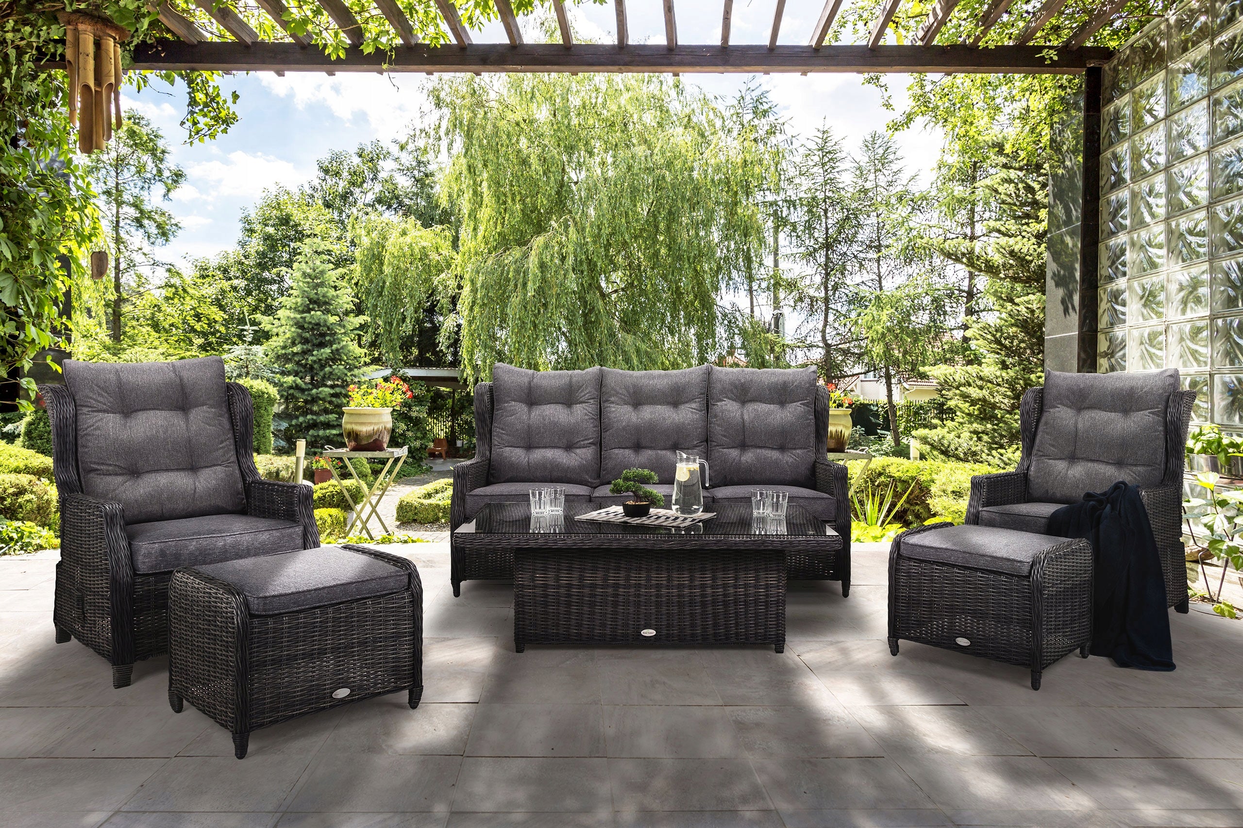 Garden furniture rattan furniture set with cushions brown Memfis 7-os Set contents armchair low coffee table pouf other element