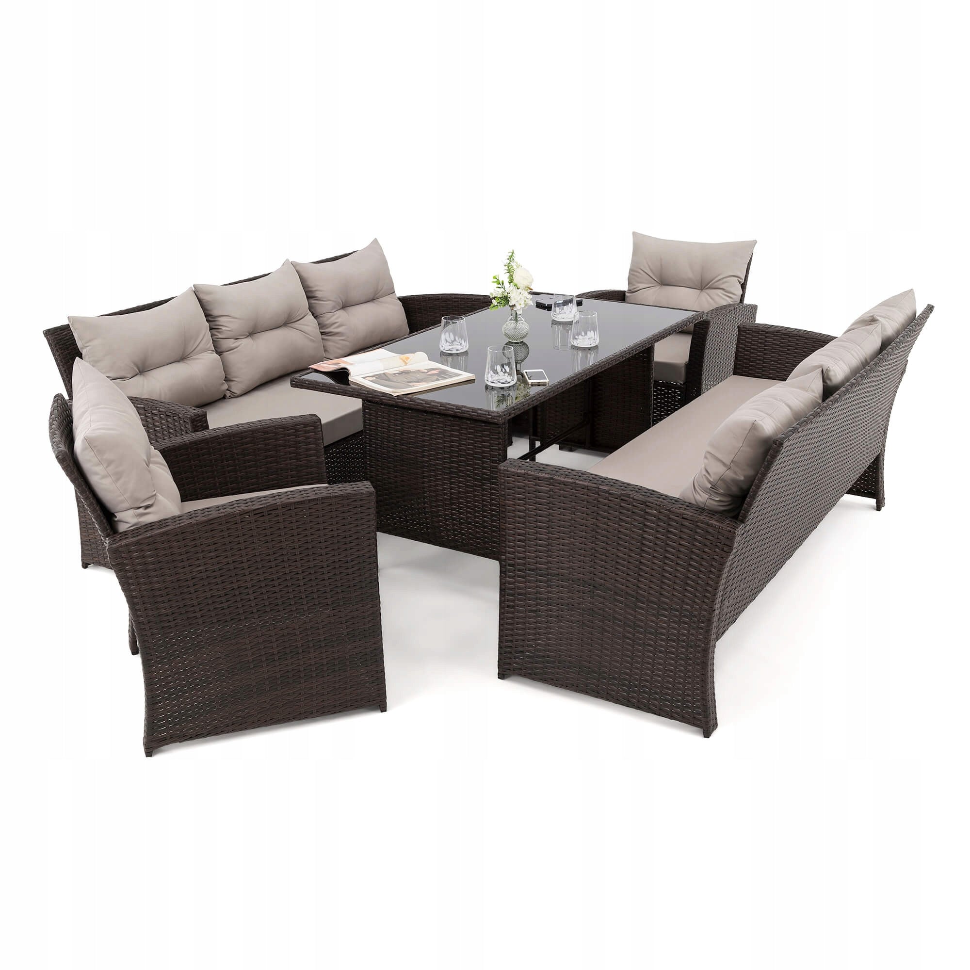 Garden furniture set Marseille 8 BP rattan brown cushions grey