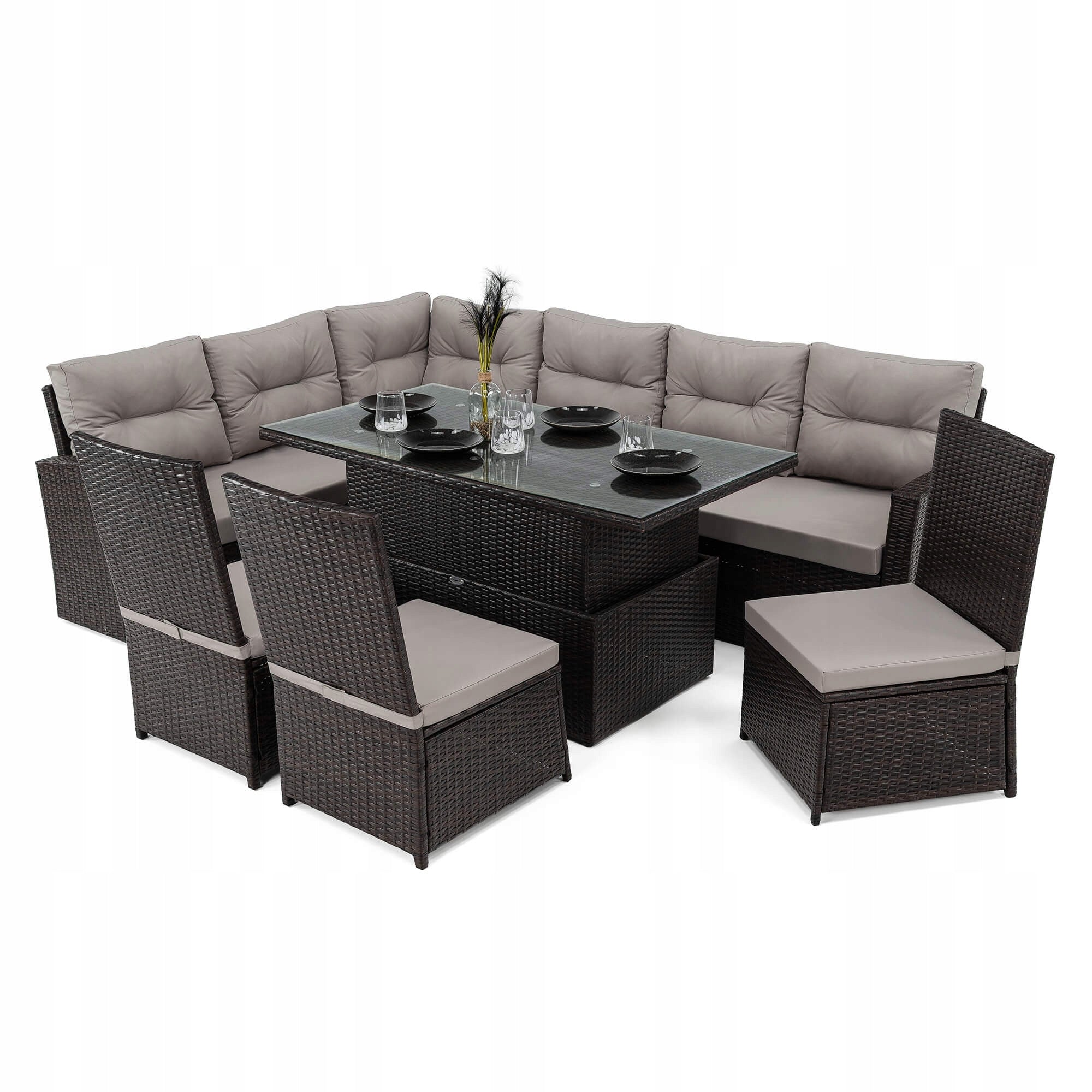 Garden furniture set TOKYO rattan brown cushions grey