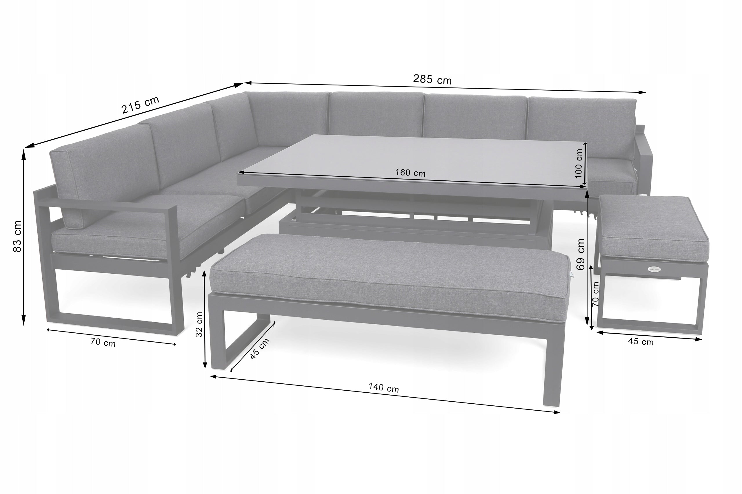 Garden furniture set aluminum garden corner set for terrace Naples Set contents bench corner sofa end table