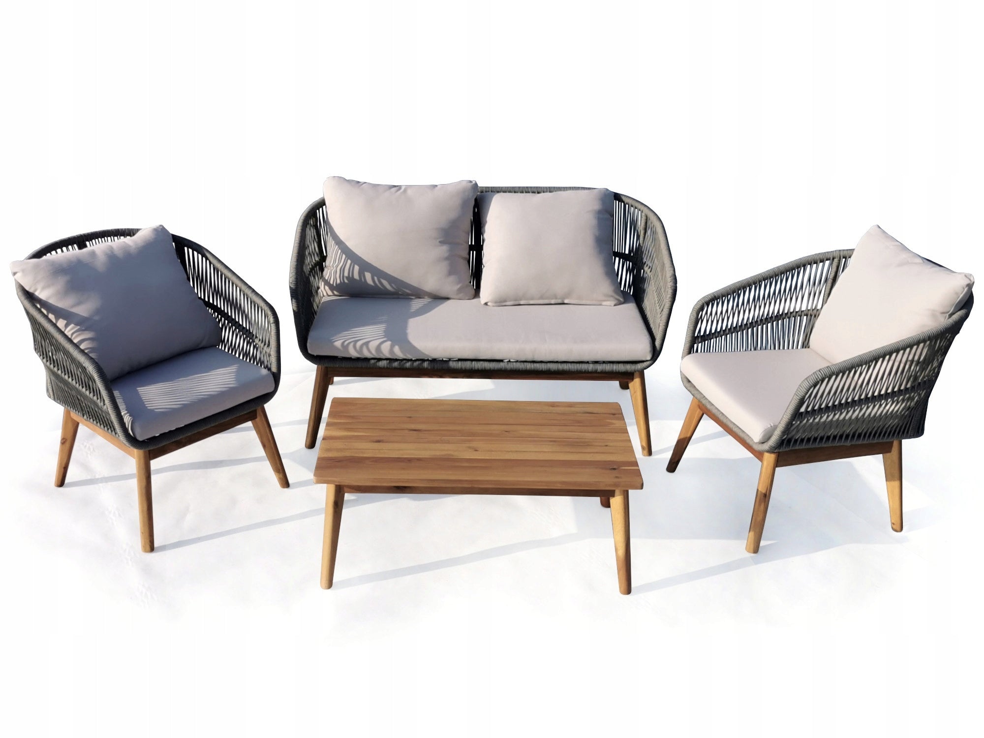 Garden furniture set grey (string, acacia) - sofa + 2 armchairs + table